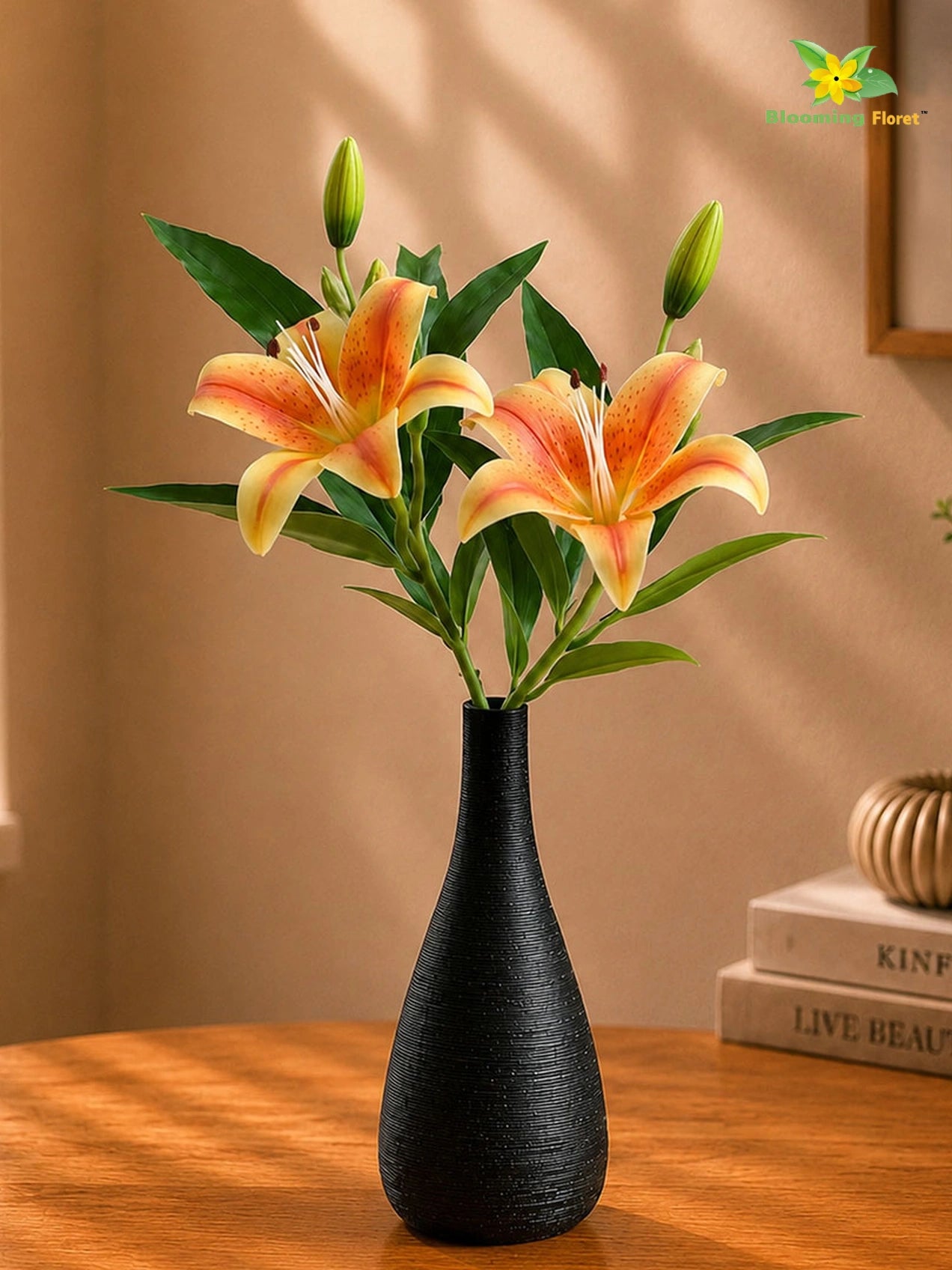 Artificial Lily Flower Stick | Yellow & Orange | 35 cm | Set of 2