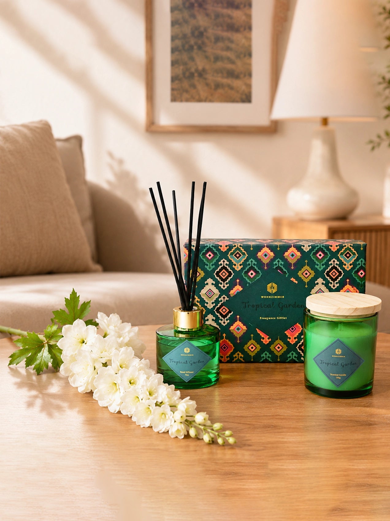 Tropical Garden Candle & Reed Diffuser Set with White Delphinium