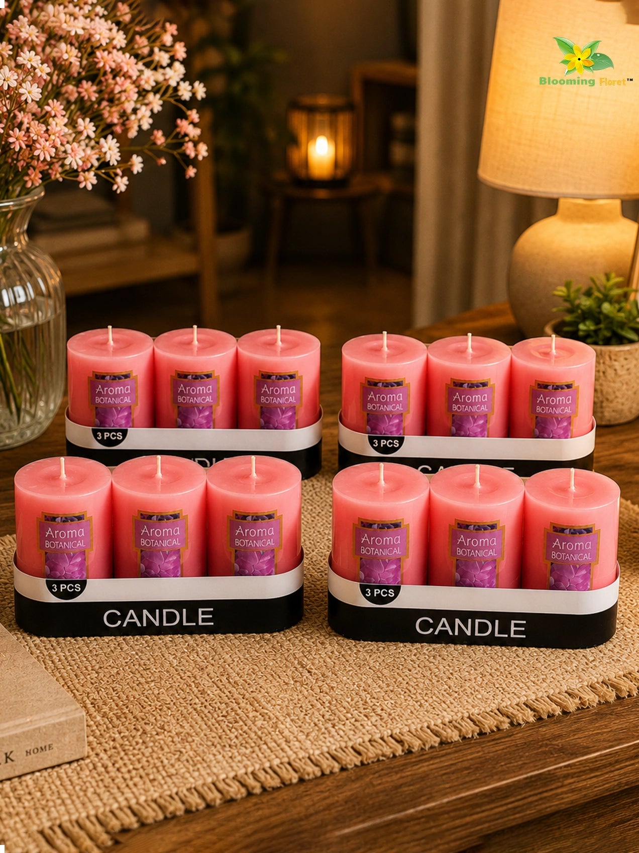 Rose Scented Pillar Candles | 5 cm | Set of 4, 12 Pcs