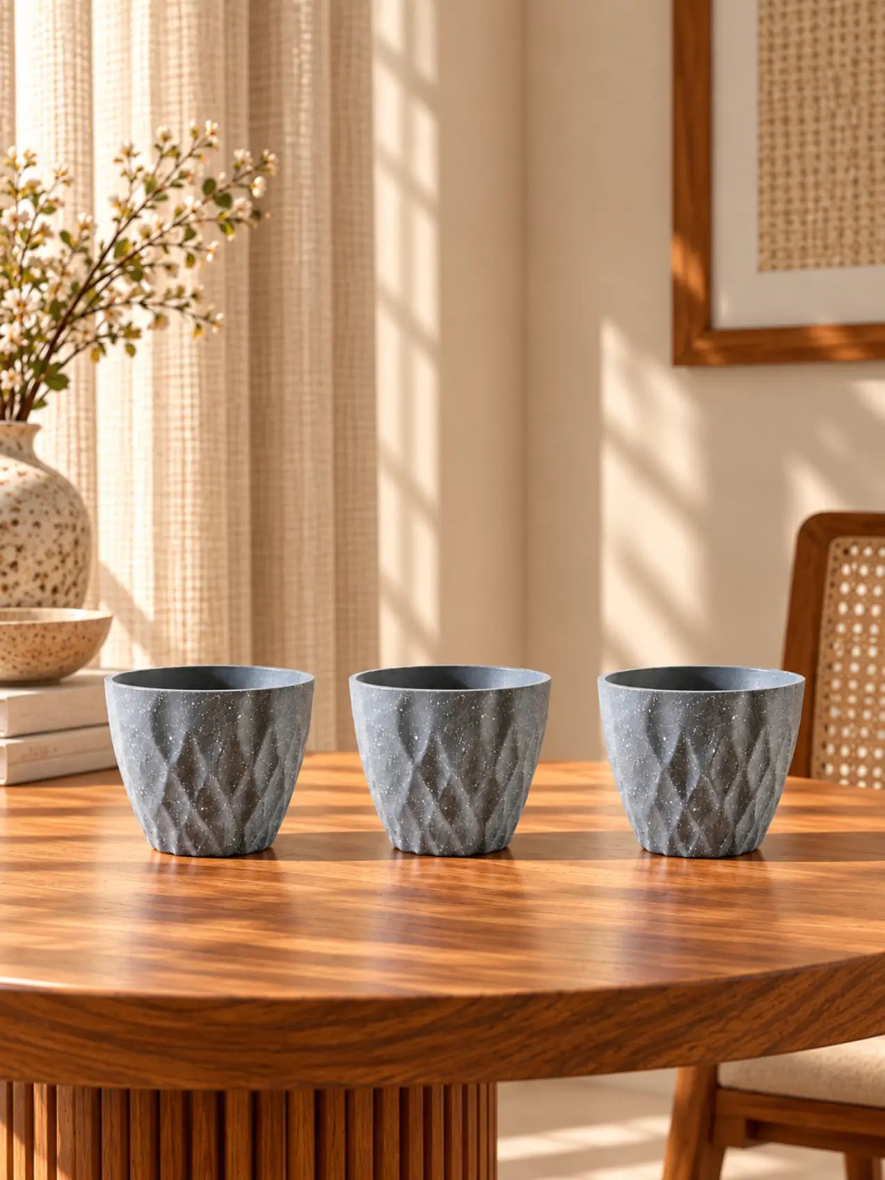 Diamond Pattern Round Planter | 13 cm | Set of 3