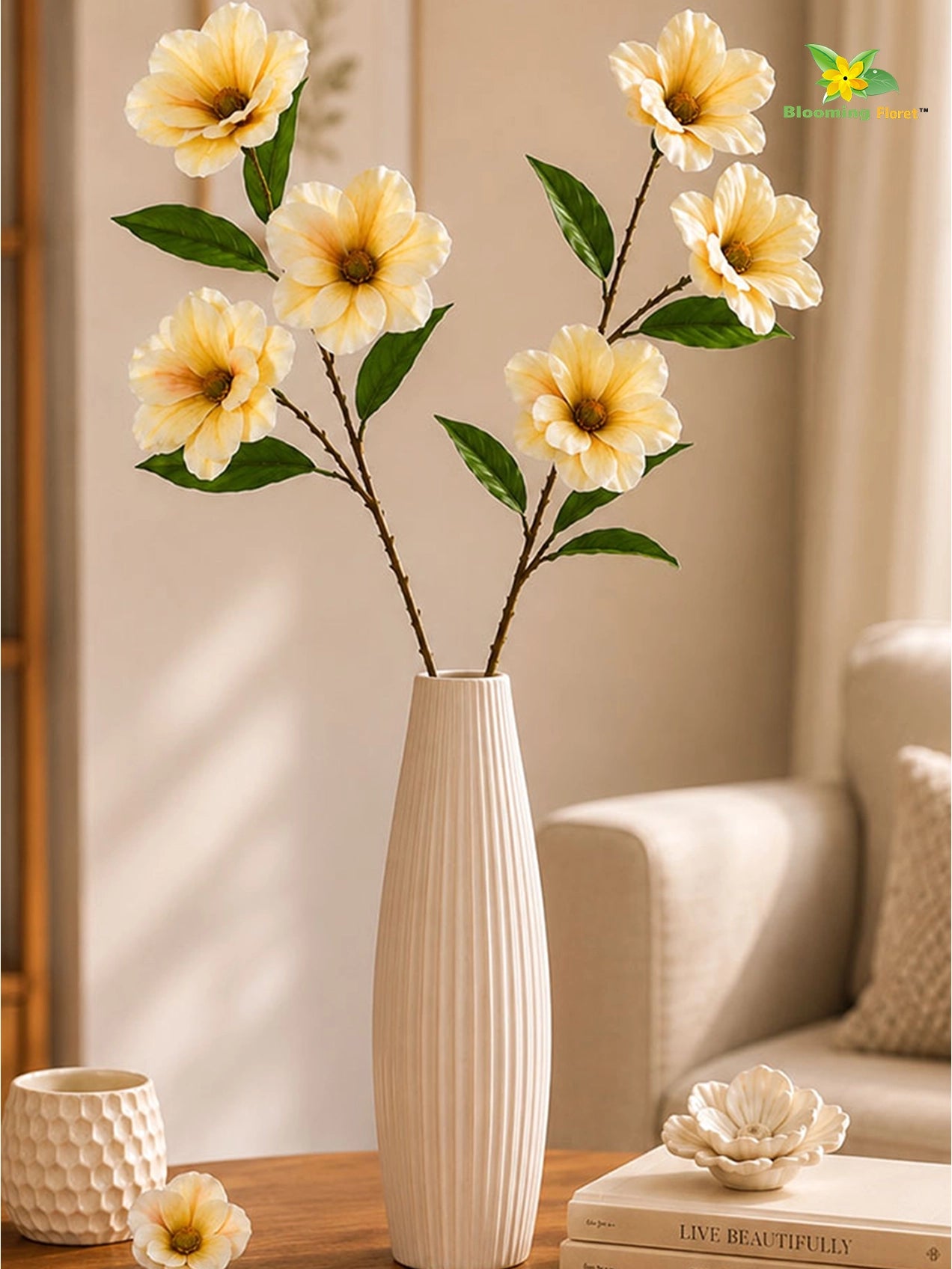 Magnolia Flower Stick | White & Yellow | 95 cm | Set of 2