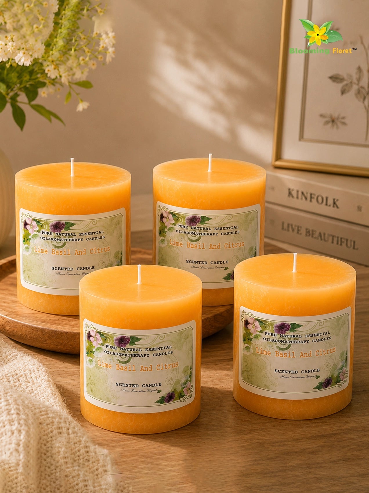 Lime Basil & Citrus Scented Pillar Candle | 8 cm | Set of 4