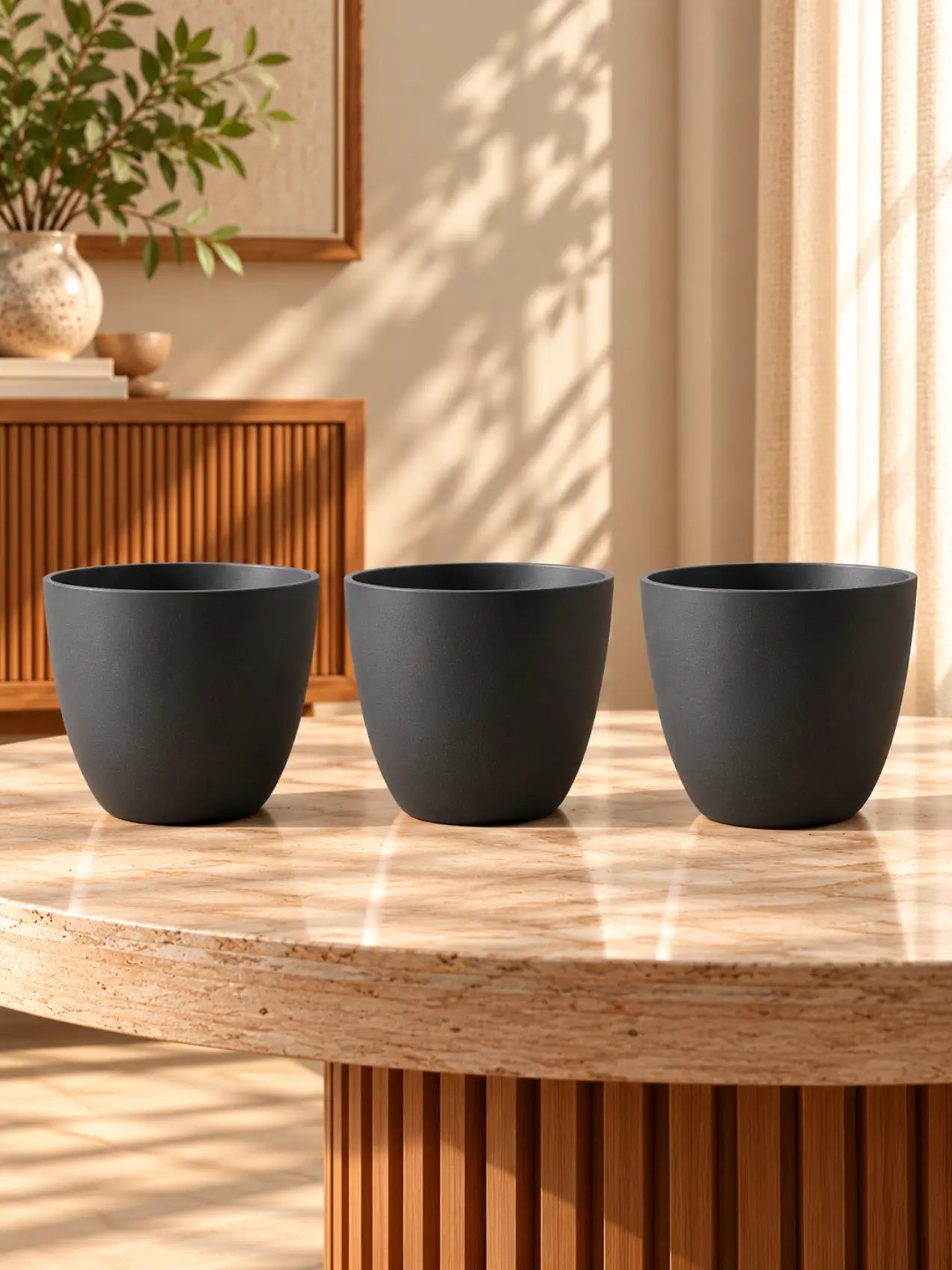 Black Round Planter | 17 cm | Set of 3