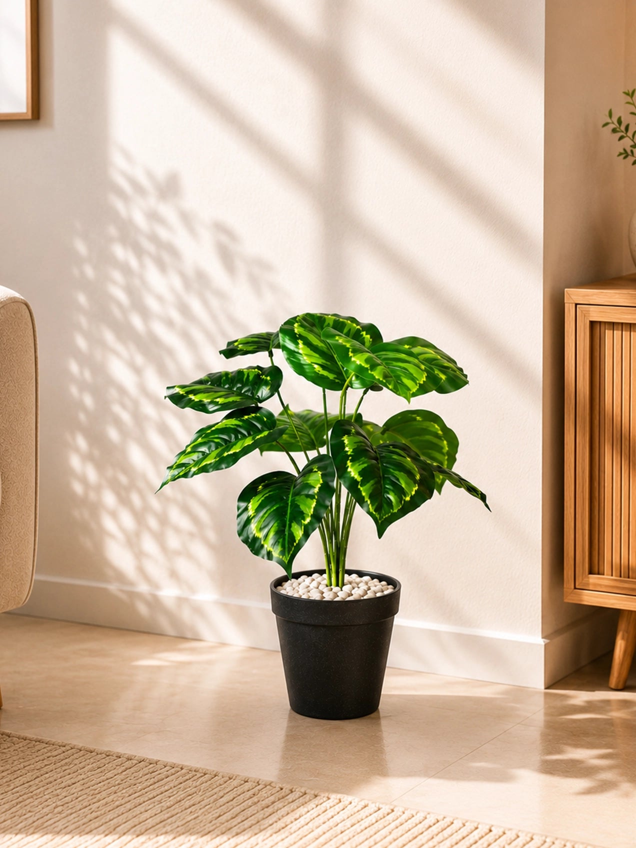 Artificial Philodendron Plant | Patterned Green Leaves | 50 cm | 12 Leaves | With Basic Pot