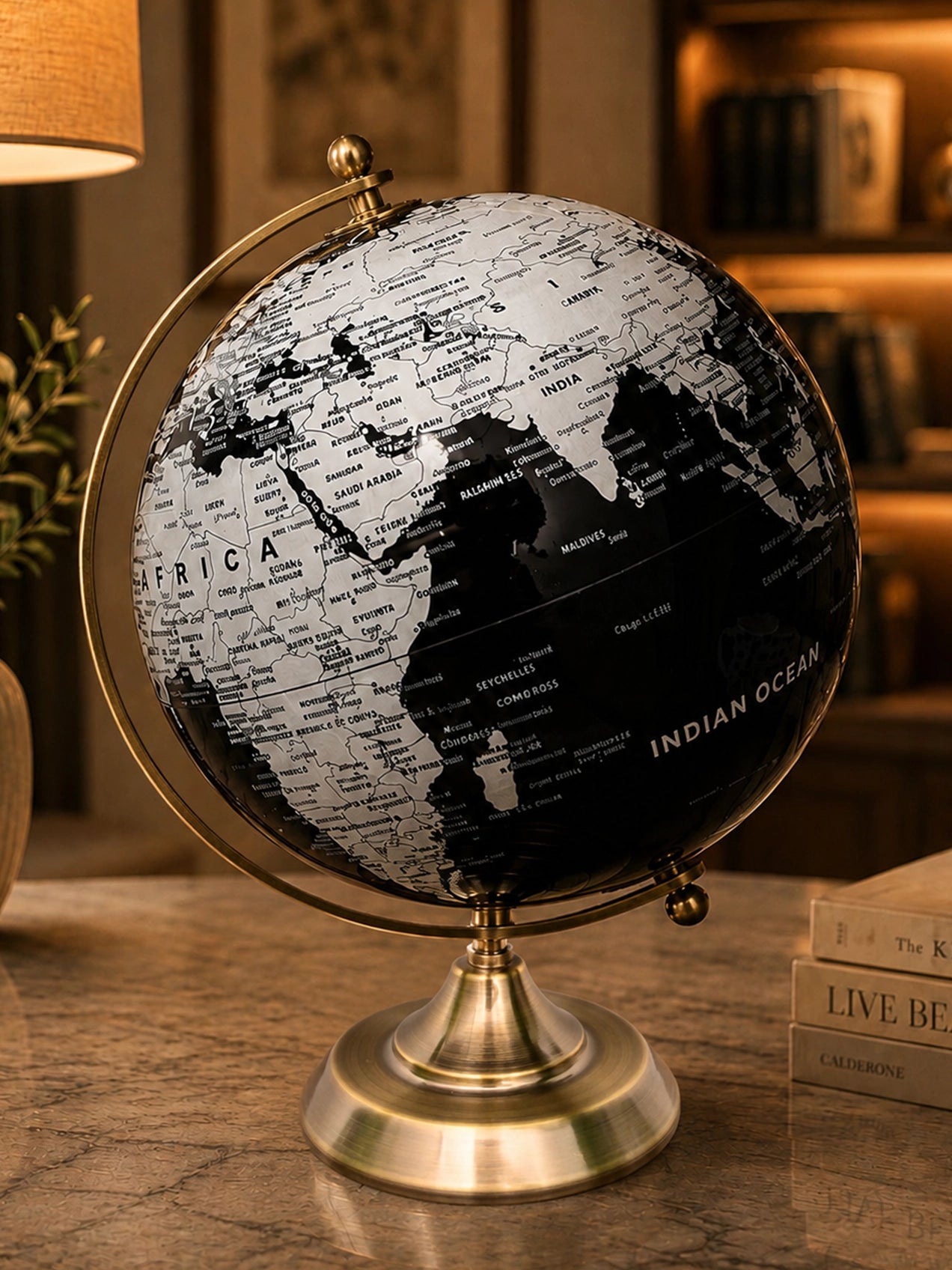 Silver & Black Globe | Lifted Metal Stand | 32 cm