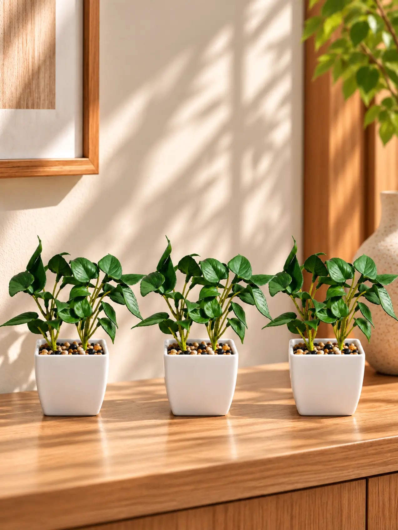 Artificial Money Plant Succulent | Dark Green | 18 cm | Set of 3 | With Basic Black Pot