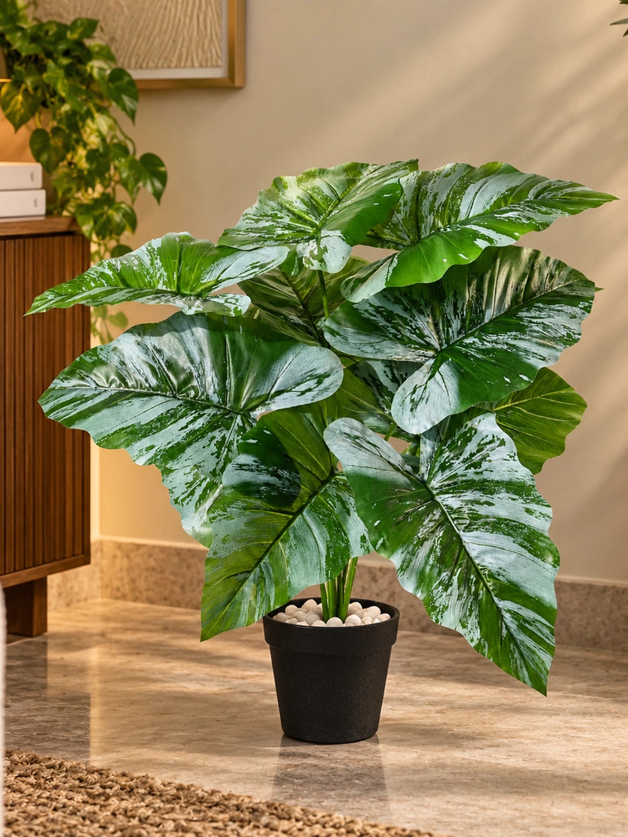 Artificial Caladium Plant | Green & White Leaves | 52 cm | 12 Leaves | With Basic Pot