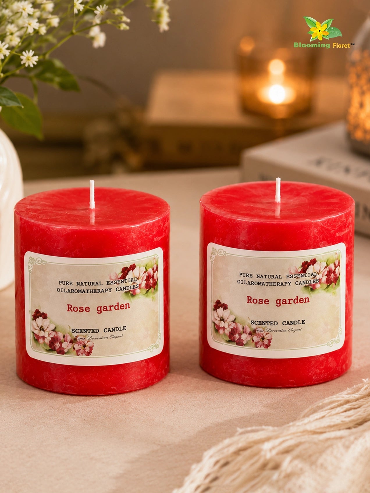 Rose Garden Scented Pillar Candle | 8 cm | Set of 2