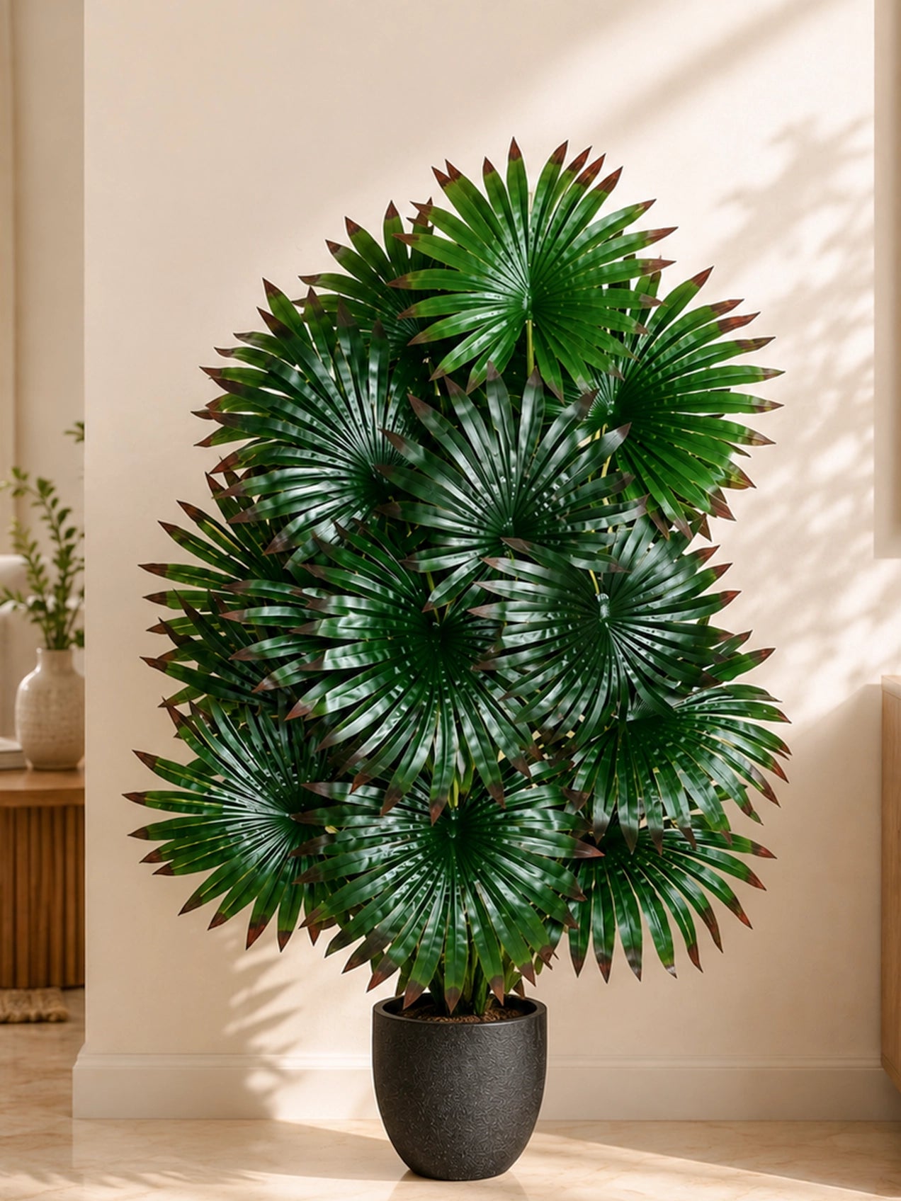 Artificial Fan Palm Plant | Patterned Green & Red Leaves | 75 cm | 18 Leaves | With Basic Black Pot