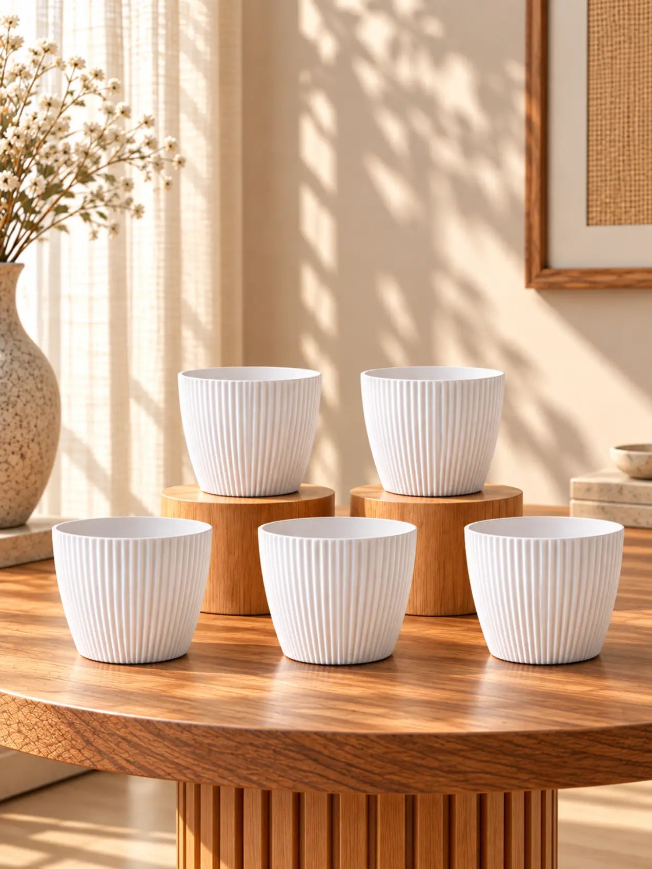 Elegant Ribbed Melamine Pot | White | 16 cm | Set of 5
