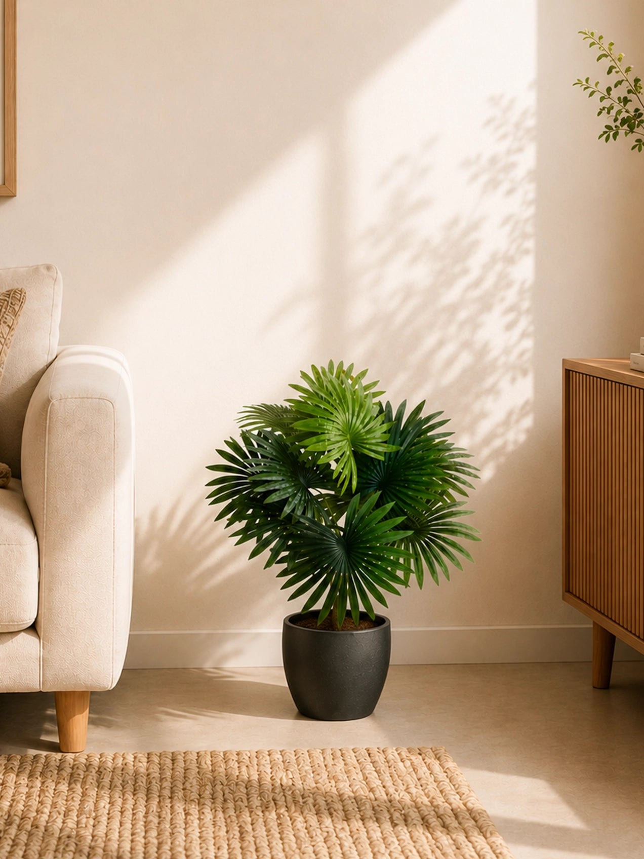 Artificial Fan Palm Plant | Patterned Green Leaves | 52 cm | 12 Leaves | With Basic Black Pot