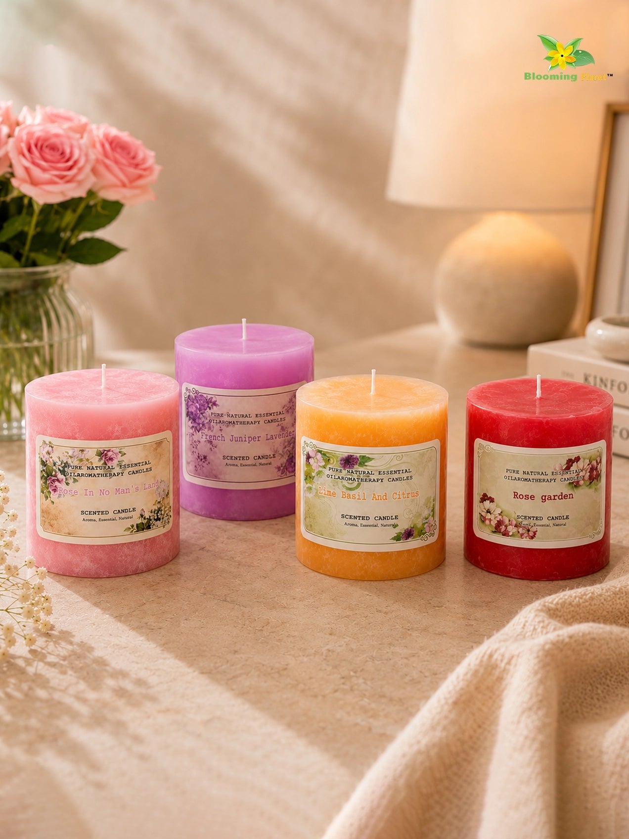 French, Lime Basil & Citrus, Rose Men's, Rose Garden - Scented Pillar Candle | 8 cm | Set of 4