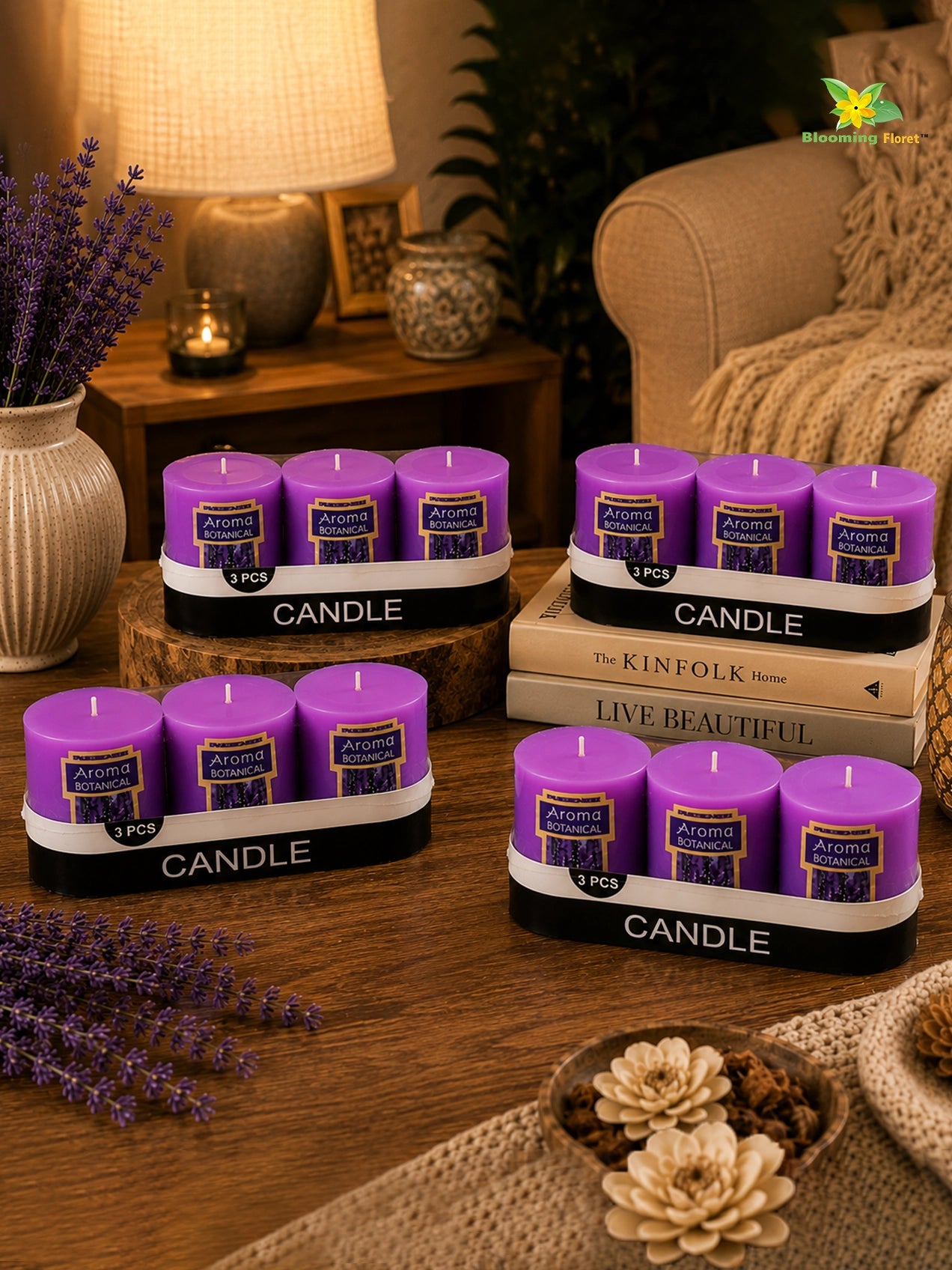 Lavender Scented Pillar Candles | 5 cm | Set of 4, 12 Pcs