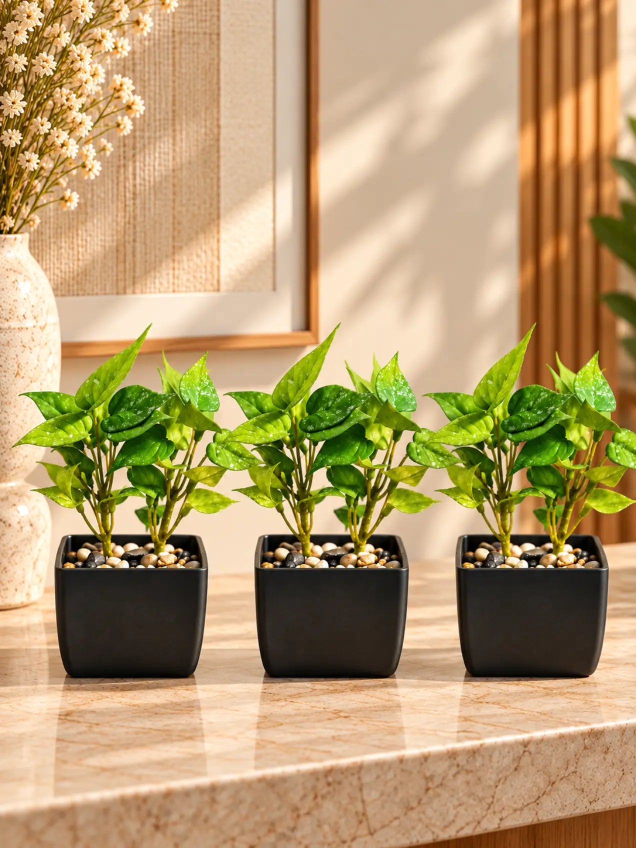 Artificial Money Plant Succulent | Light Green | 18 cm | Set of 3 | With Basic Black Pot