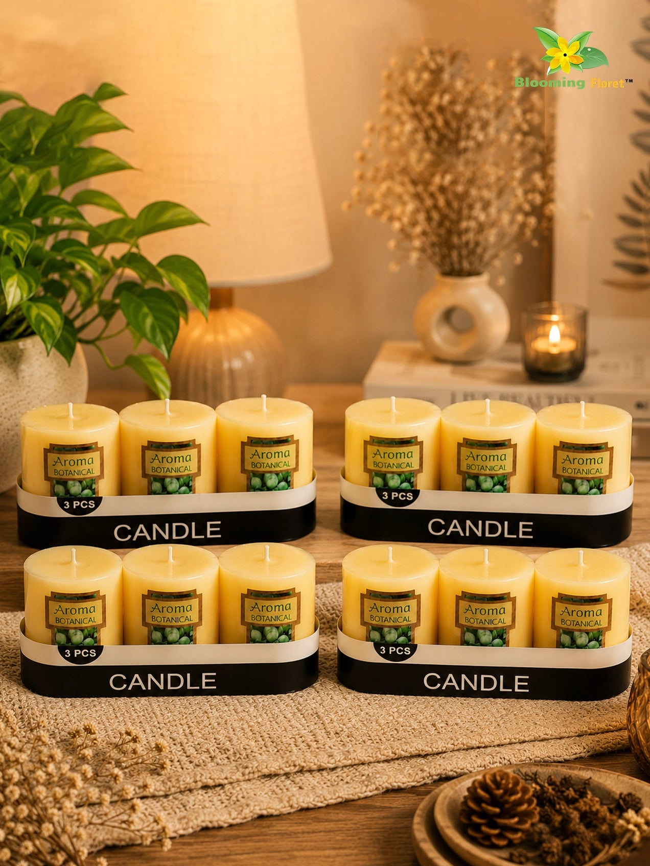 Lime Basil & Citrus Scented Pillar Candles | 5 cm | Set of 4, 12 Pcs