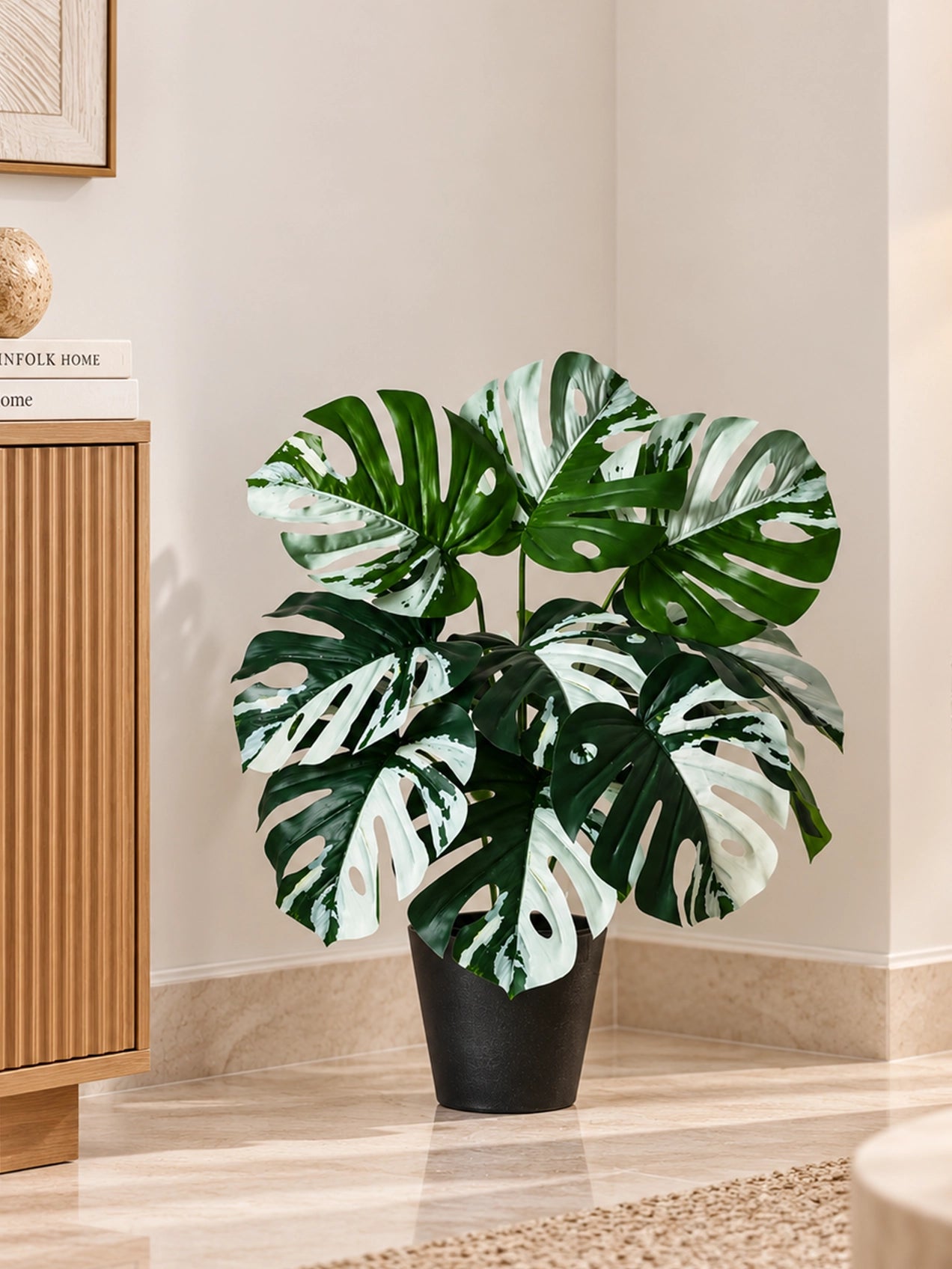 Artificial Monstera Plant | Green-Grey Leaves | 50 cm | 12 Leaves | With Basic Black Pot