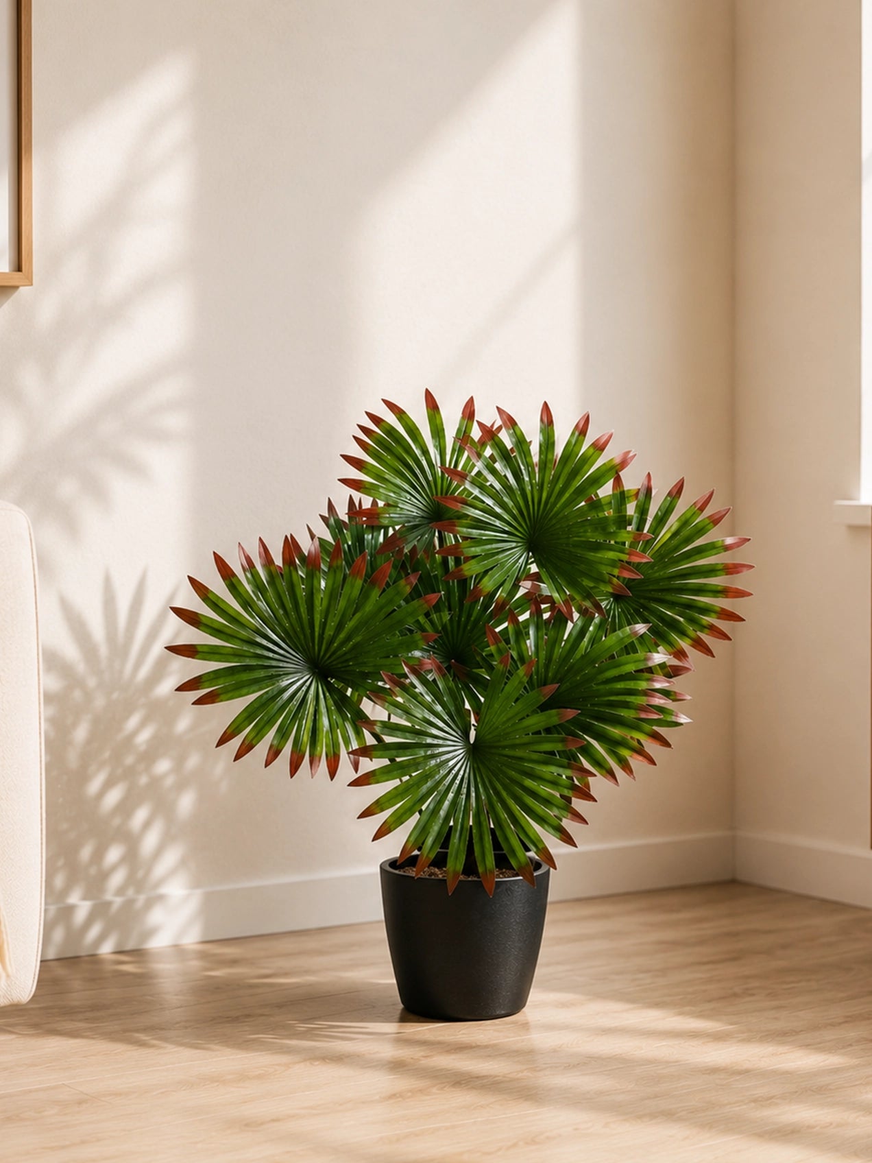 Artificial Fan Palm Plant | Patterned Green & Red Leaves | 52 cm | 12 Leaves | With Basic Black Pot