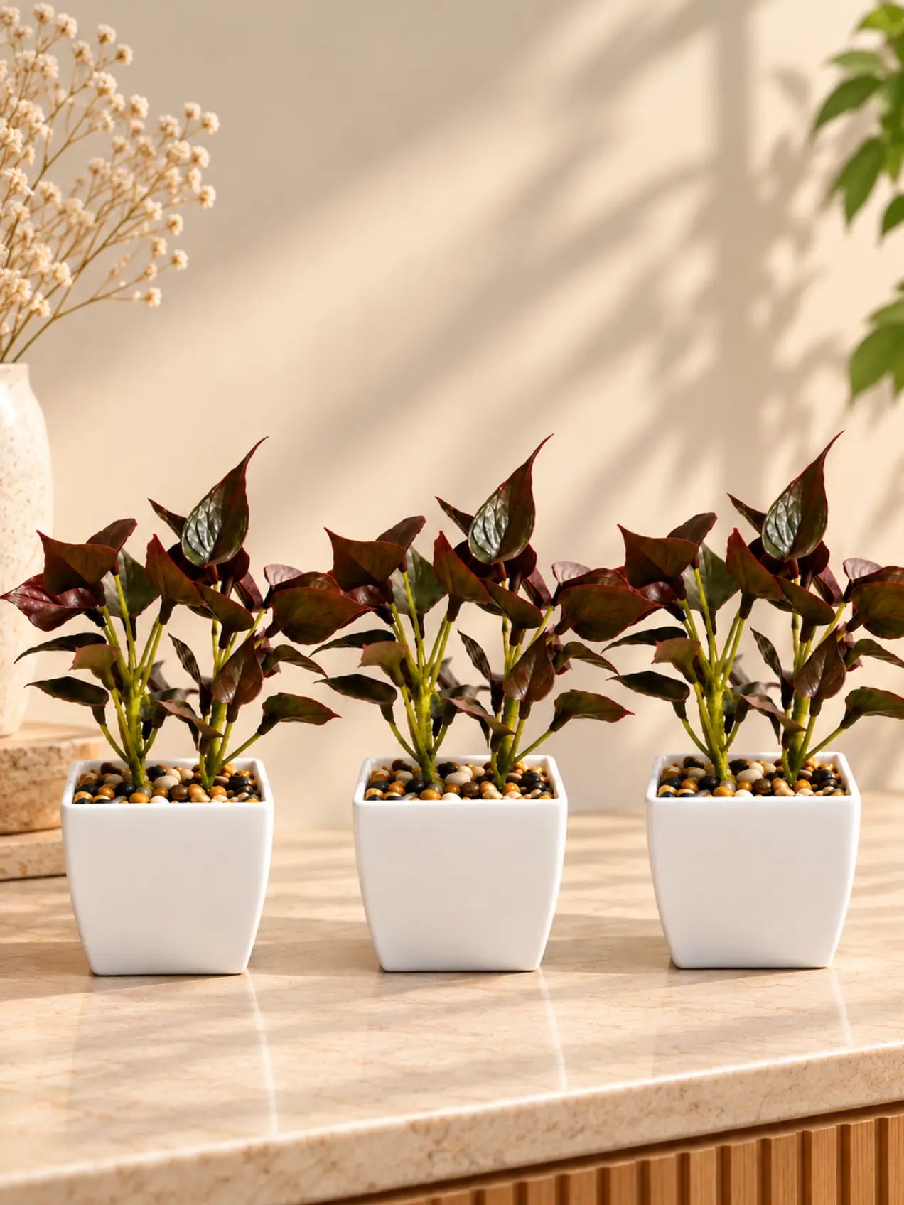 Artificial Money Plant Succulent | Maroon | 18 cm | Set of 3 | With Basic Black Pot