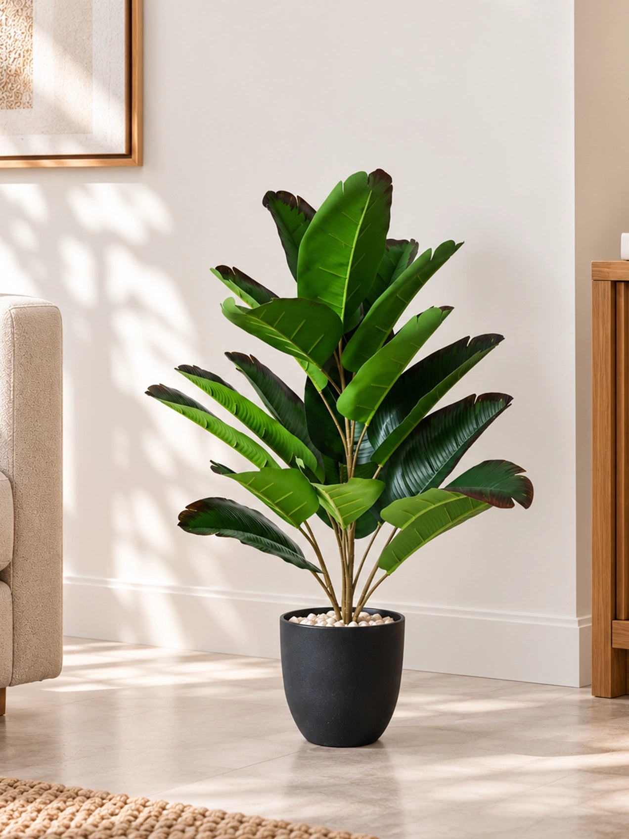 Artificial Birds of Paradise Plant | 21 Leaves | Red and Green | 70 cm | With Basic Black Pot