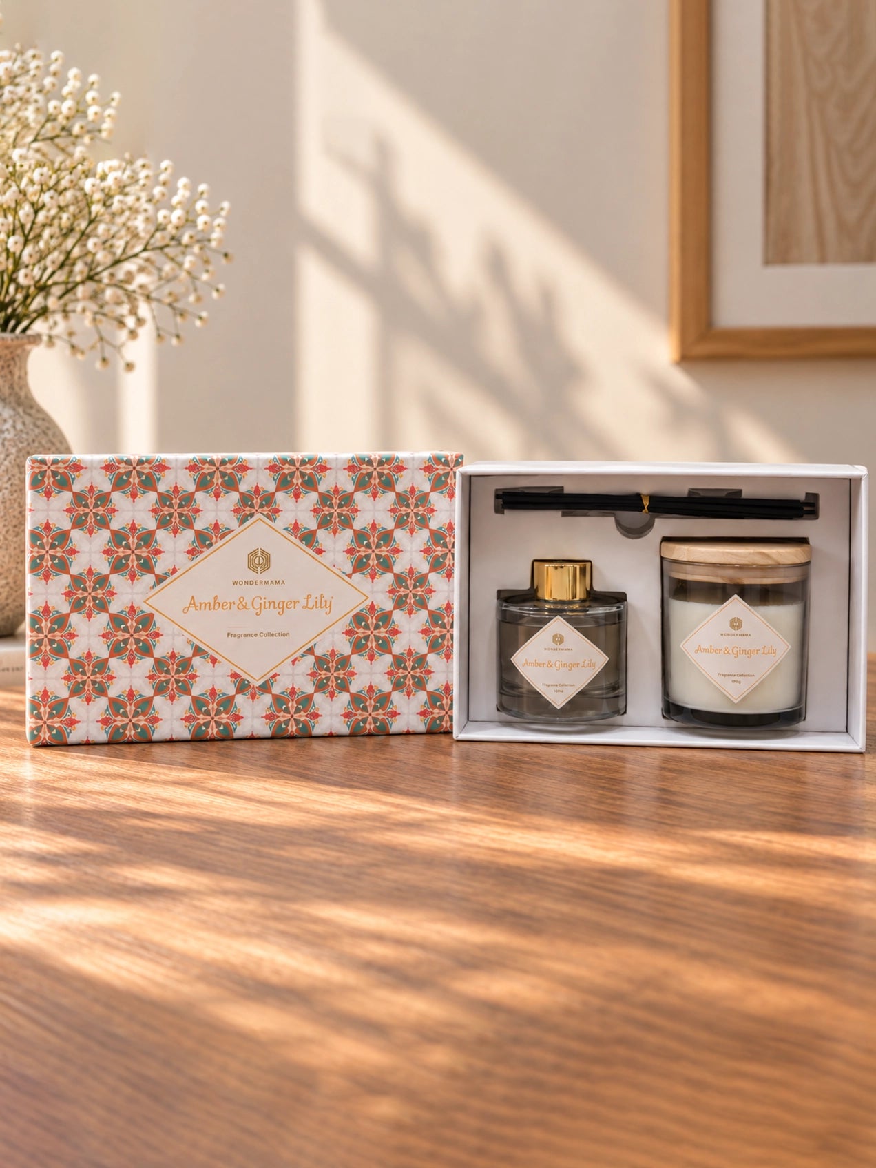 Reed Fragrance Diffuser & Candle Set | Amber Ginger & Lily | 26 cm