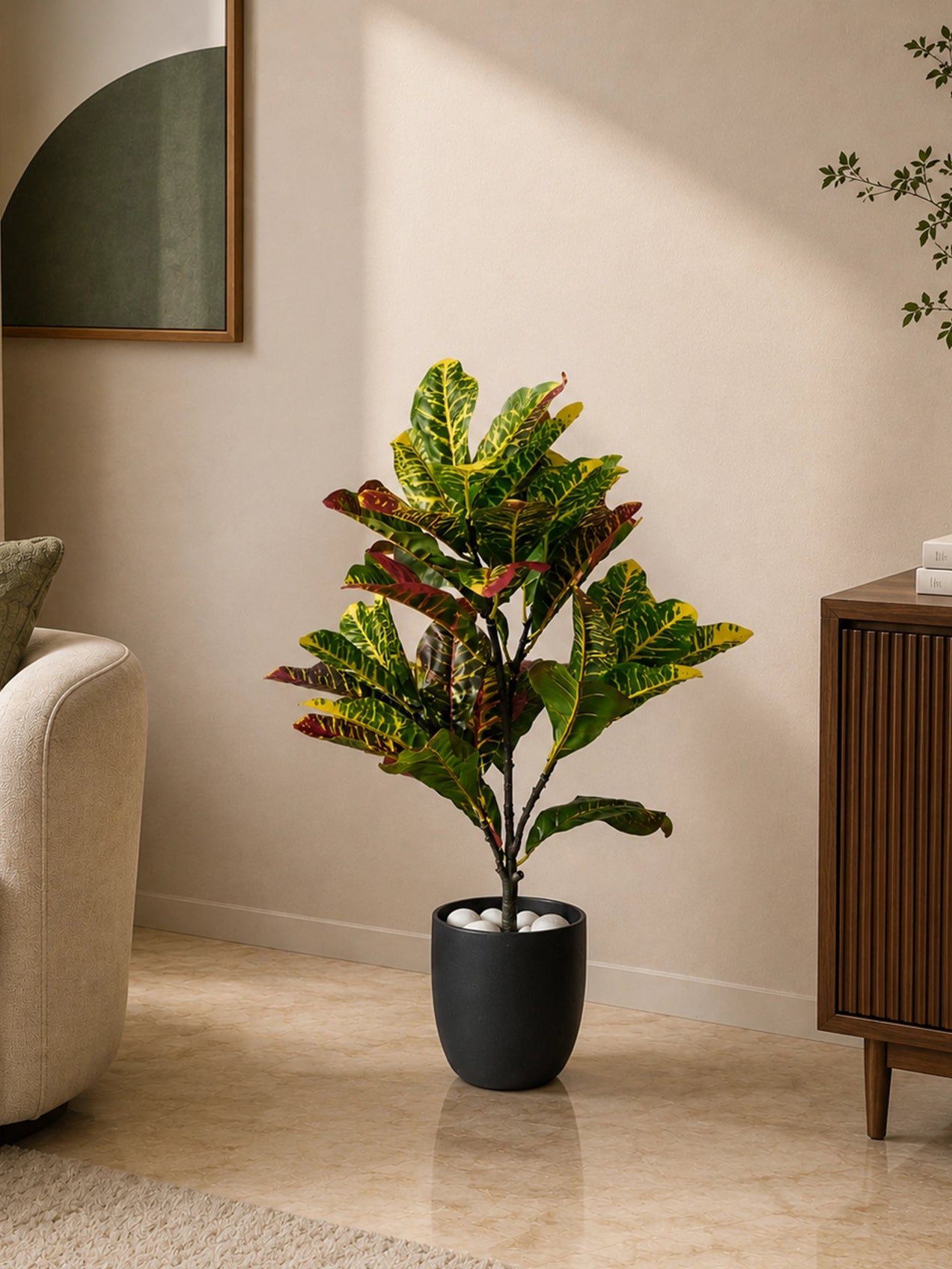 Artificial Croton Plant | 66 cm | 30 Leaves | With Basic Pot