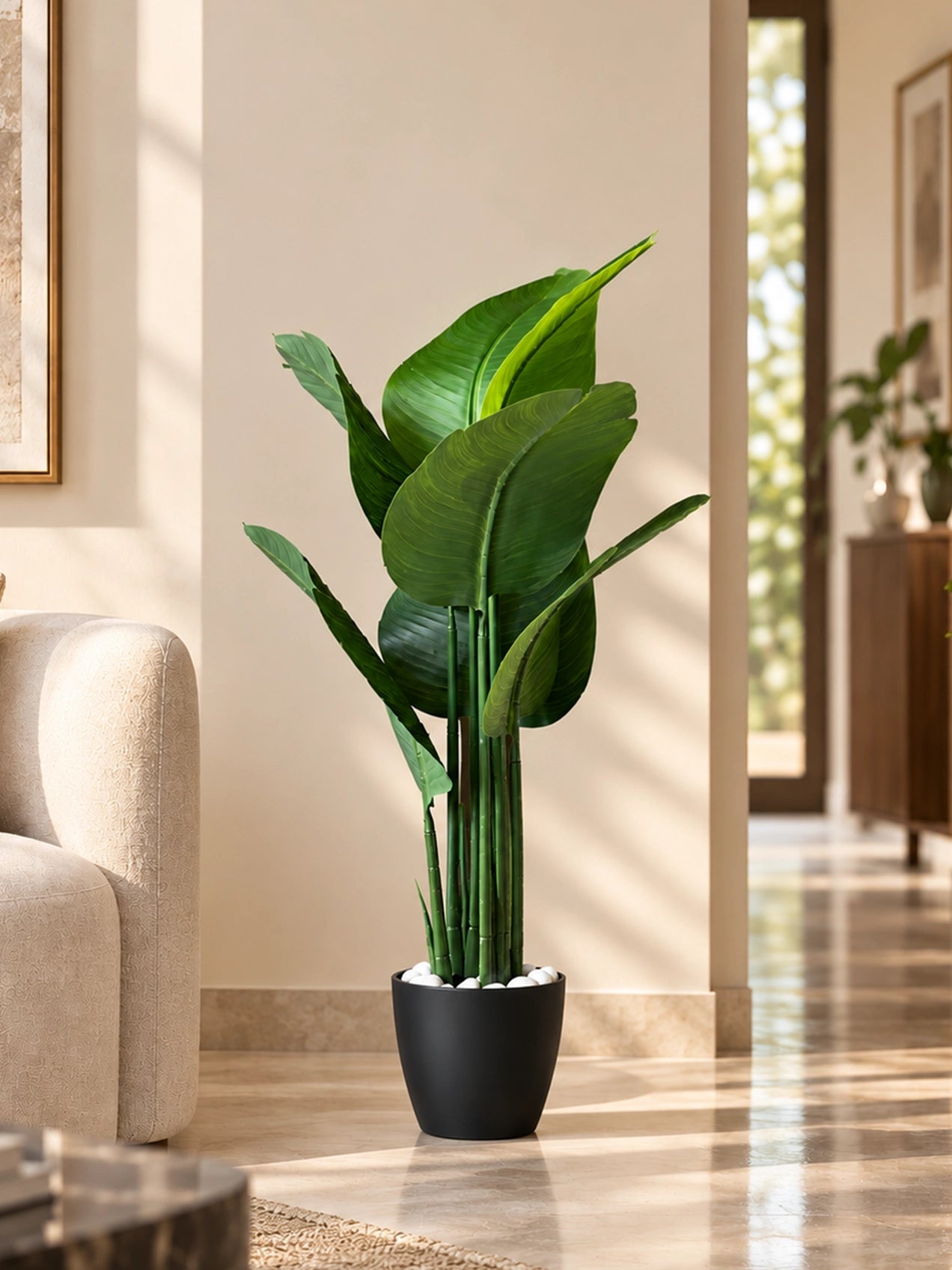 Artificial Banana Plant | 109 cm | 3 Stem | 7 Leaves | With Basic Pot