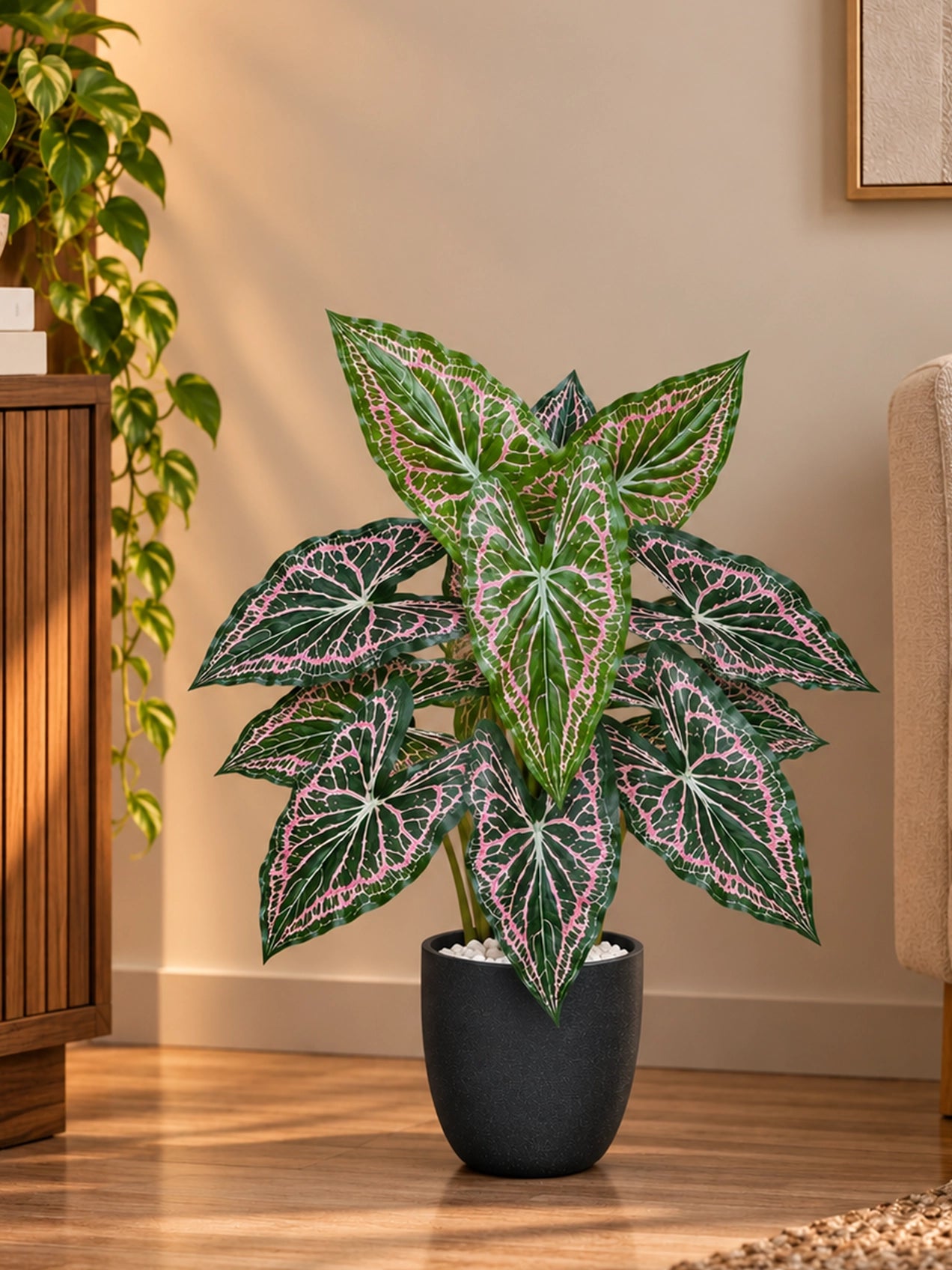 Artificial Web-Pattern Caladium Plant | 62 cm | 12 Leaves | With Basic Pot