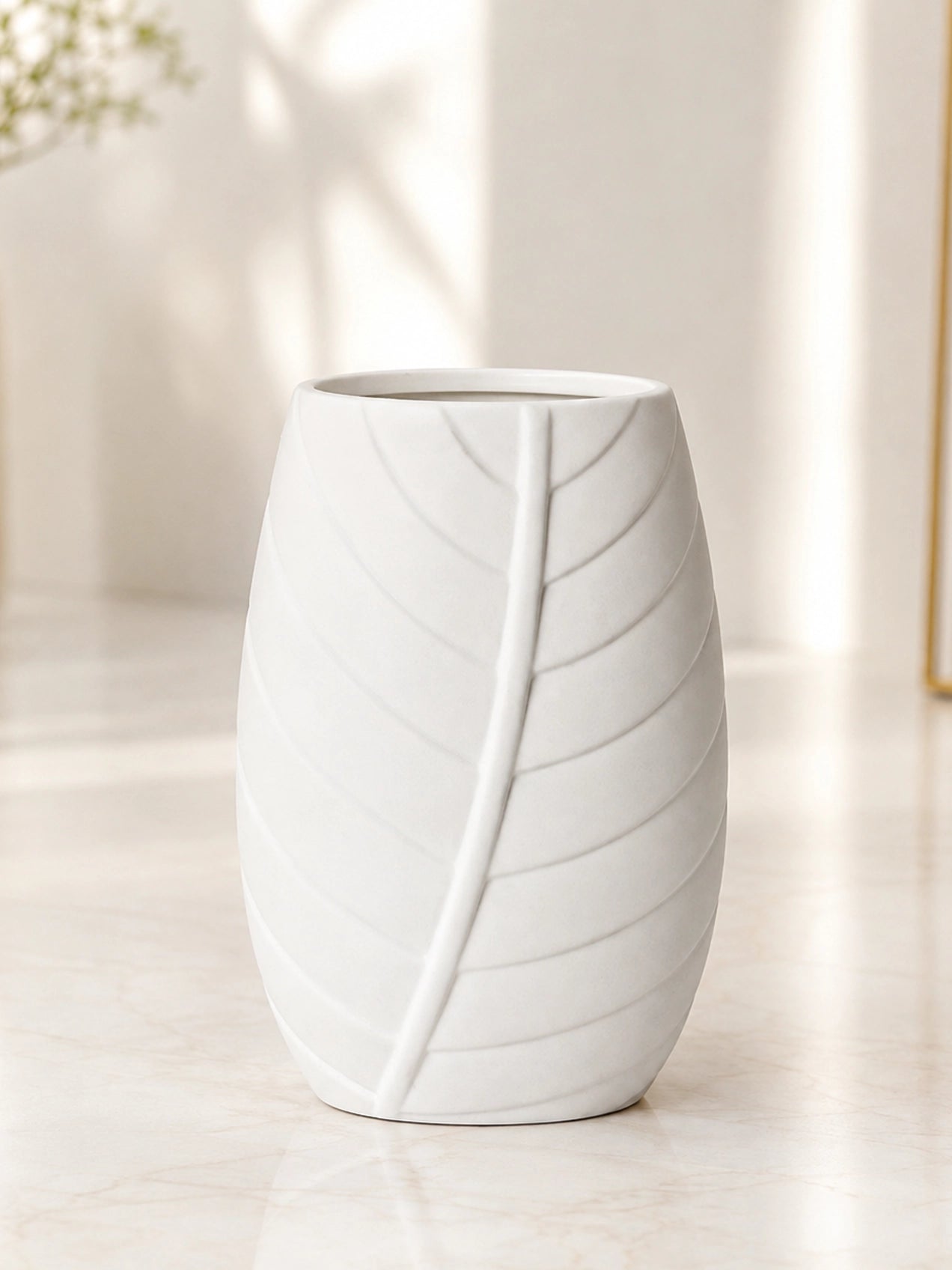 Leaf Impressed Ceramic Vase | White | 19 cm