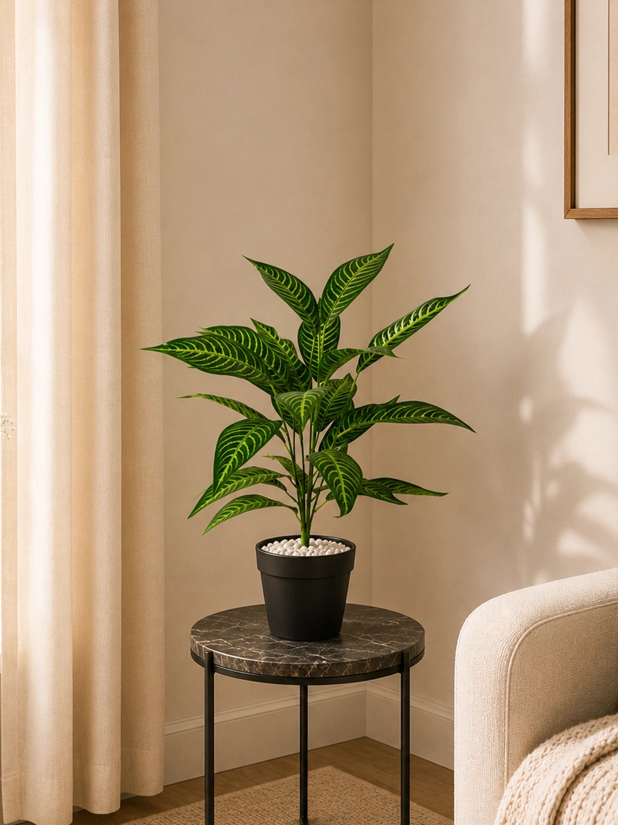 Artificial Green Iceton Croton Plant | 66 cm | 26 Leaves | With Basic Pot