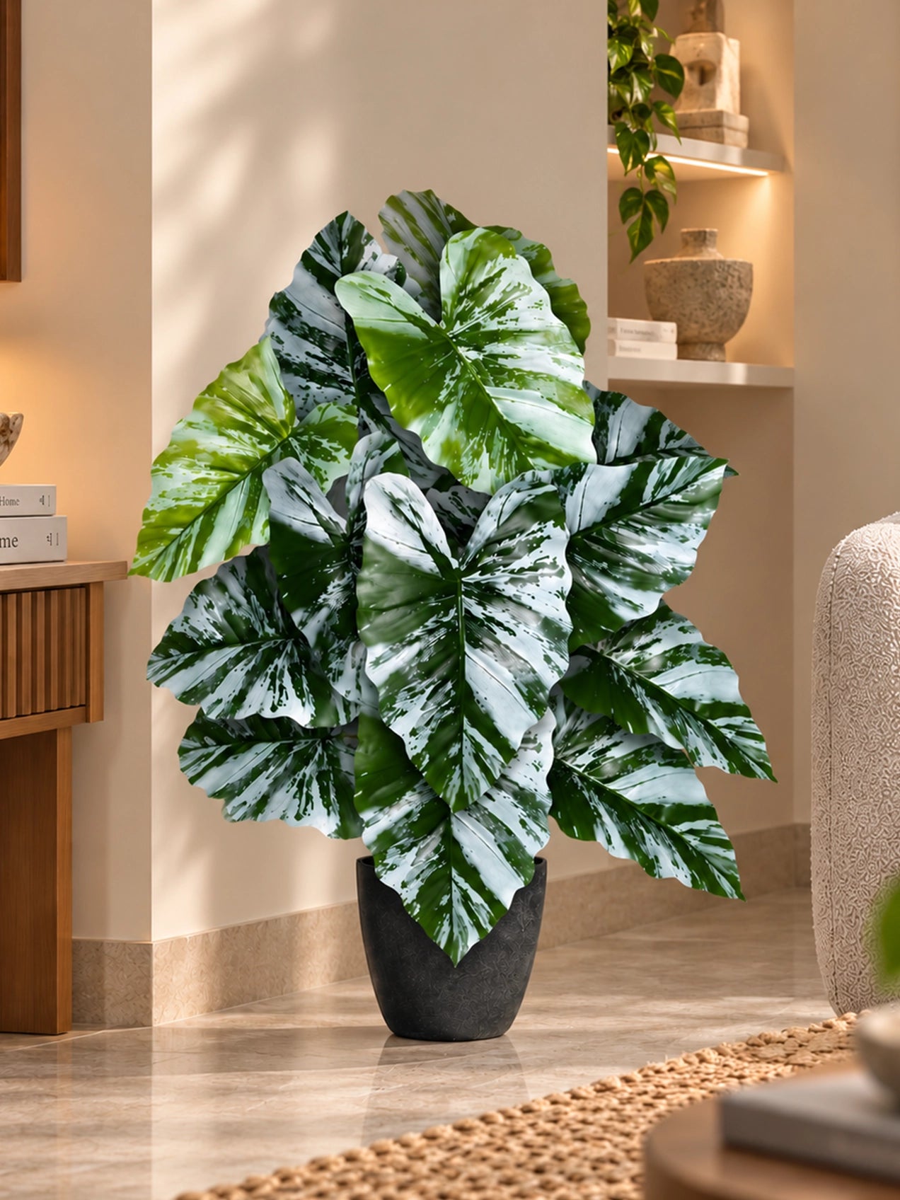 Artificial Tropical Caladium Plant | Green & White Leaves | 70 cm | 18 Leaves | With Basic Pot