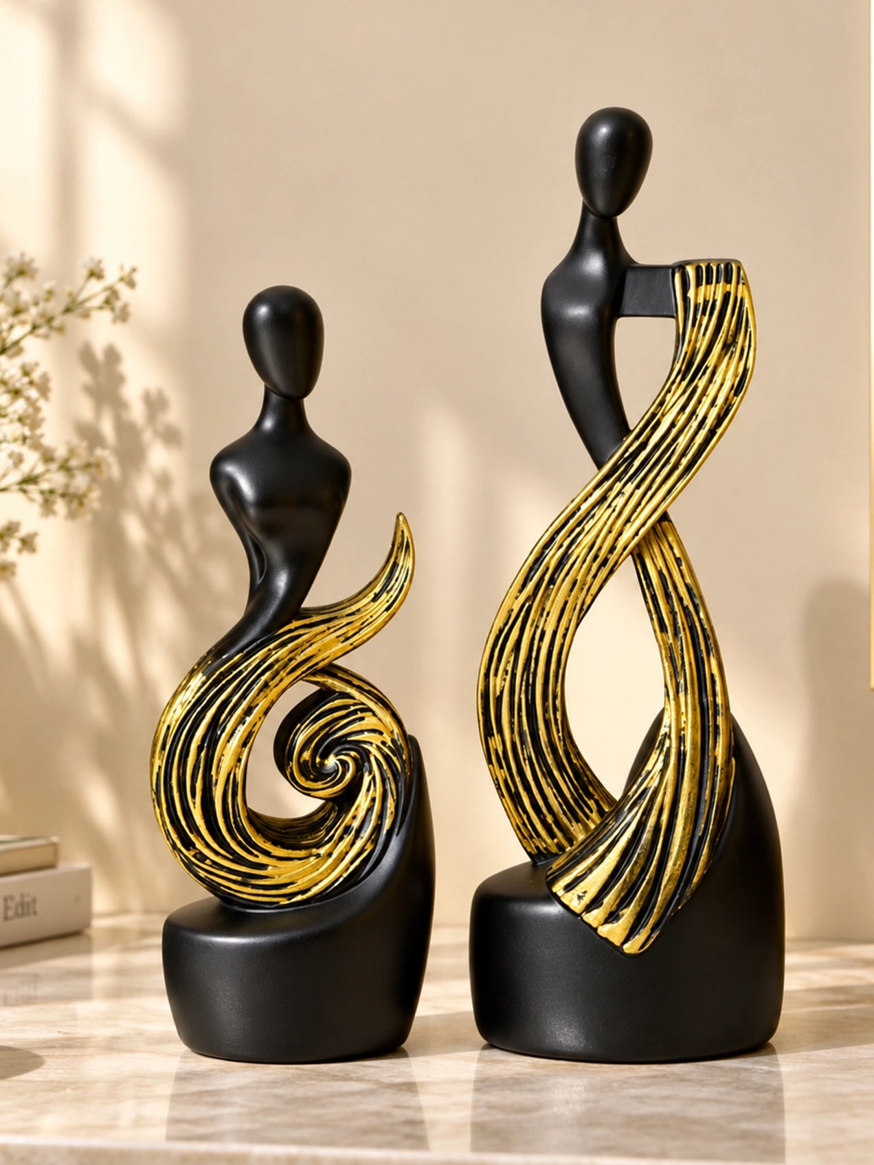 Serene Abstract Black & Gold Figures | 29 cm, 24 cm | Set of 2