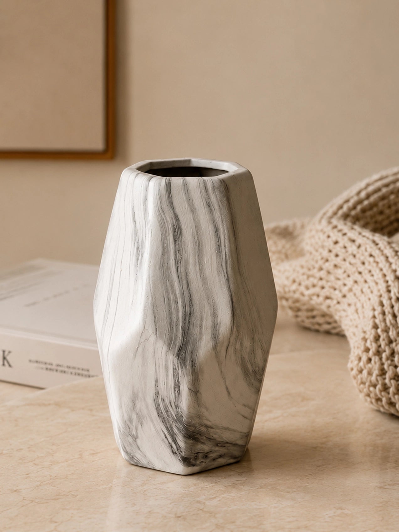 Pentagon Marble Ceramic Vase | Large | 22 cm