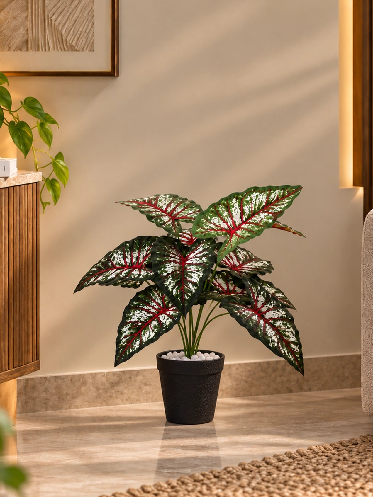 Artificial Caladium Plant | Green, Pink & White Patterned Leaves | 52 cm | 12 Leaves | With Basic Pot