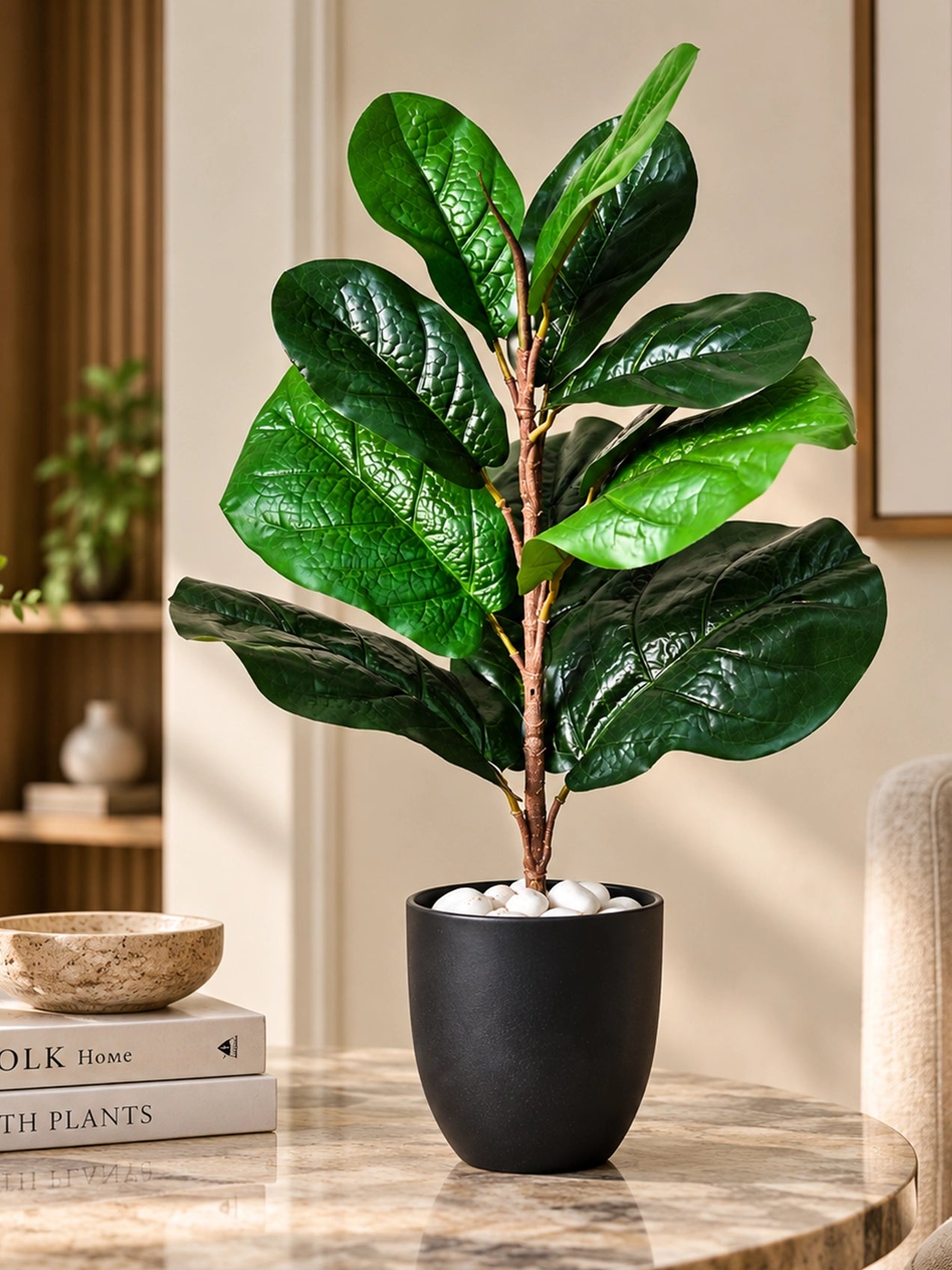 Artificial Fiddle-Leaf Fig Plant | Green Mix Leaves | 50 cm | 11 Leaves | With Basic Pot