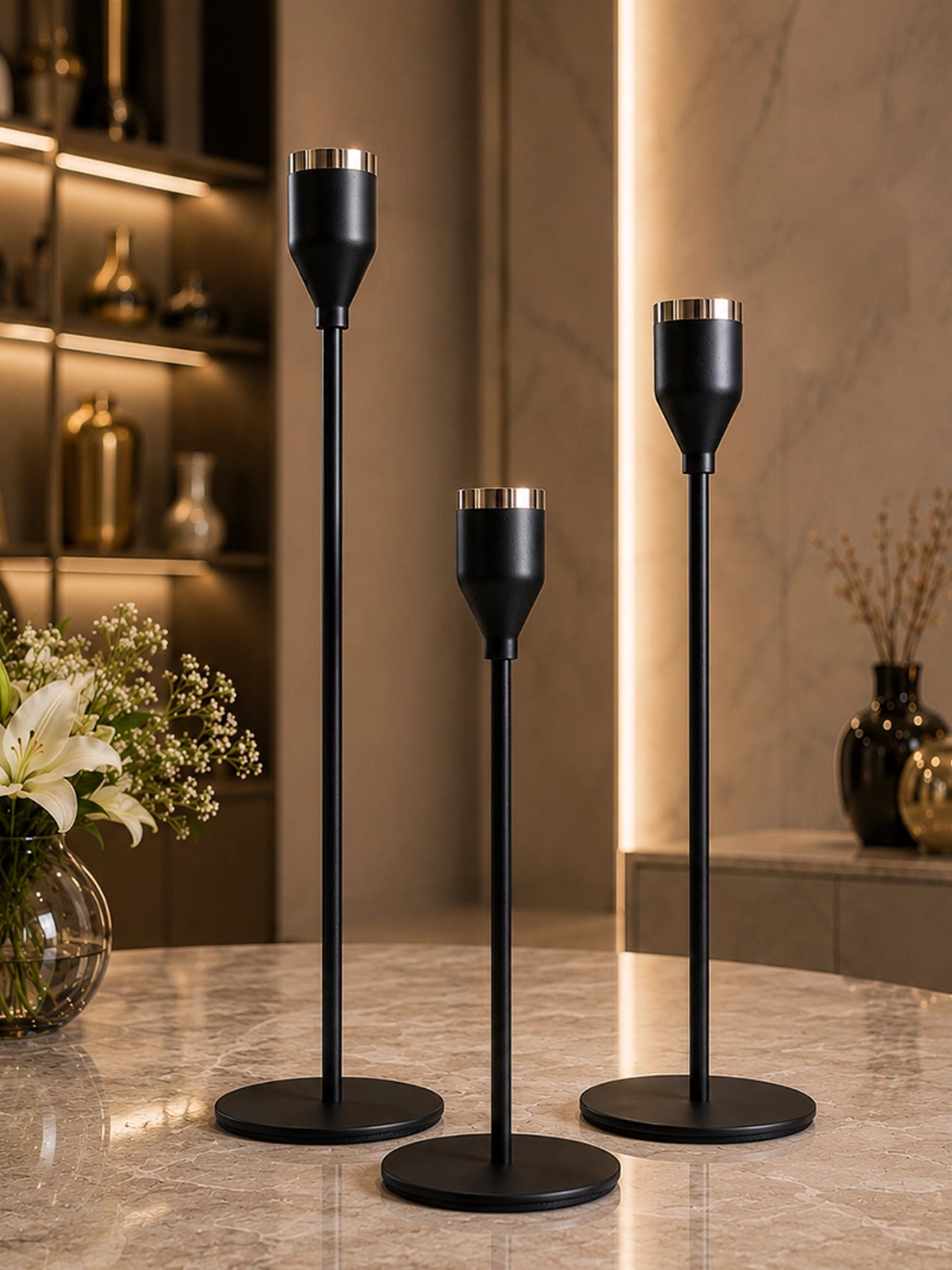 Candle Holder with Gold Accent | Matt Black | Set of 3