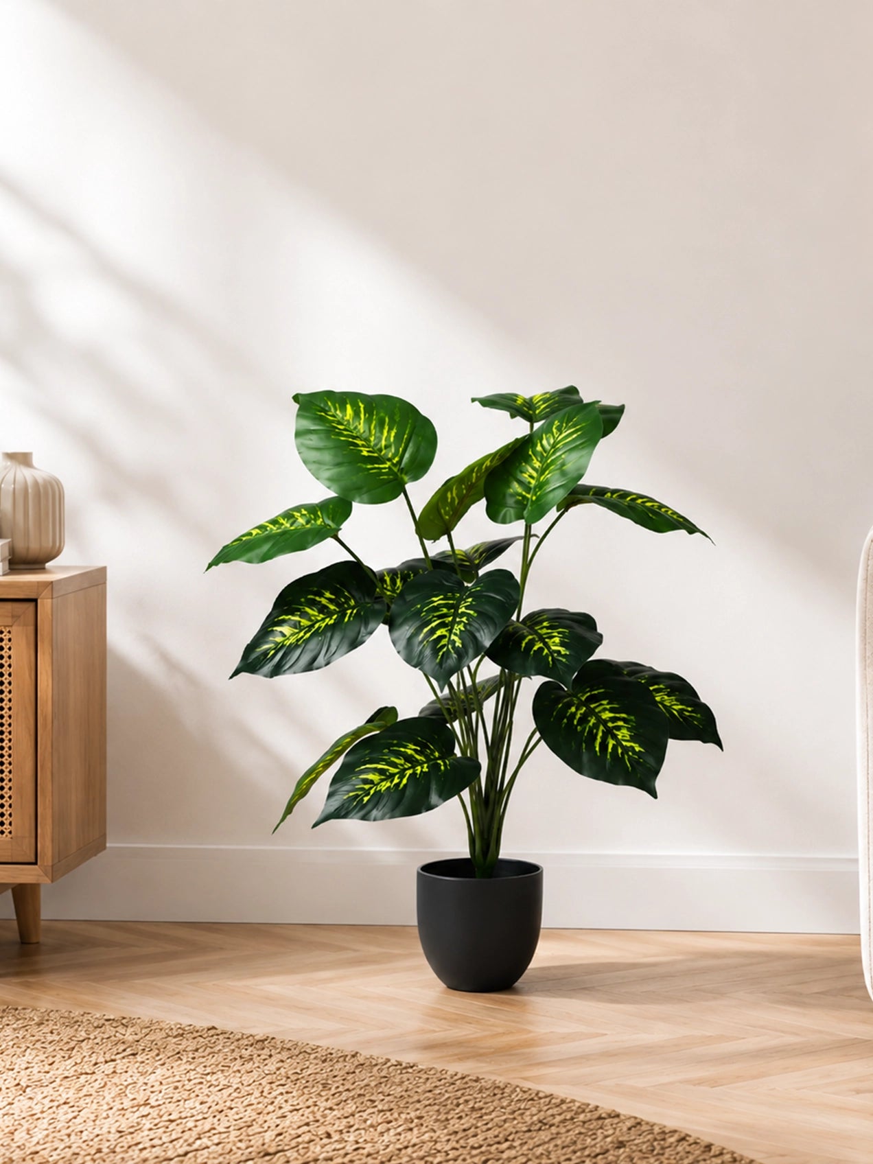 Artificial Philodendron Plant | Green & Yellow Leaves | 65 cm | 18 Leaves | With Basic Pot