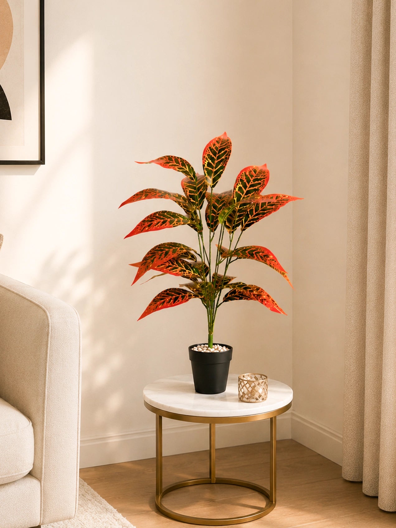 Artificial Red Iceton Croton Plant | 74 cm | 26 Leaves | With Basic Pot