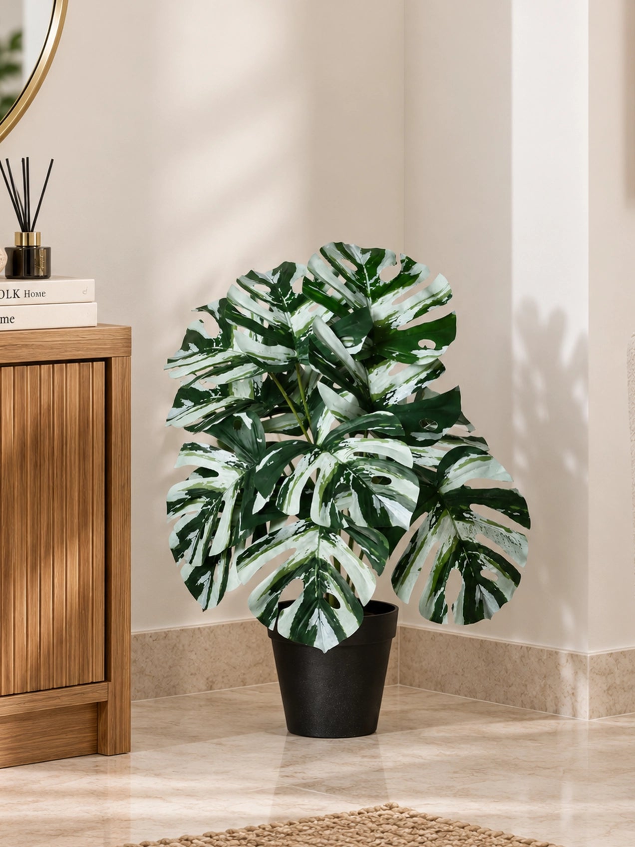 Artificial Monstera Plant | Green-White Leaves | 50 cm | 12 Leaves | With Basic Pot