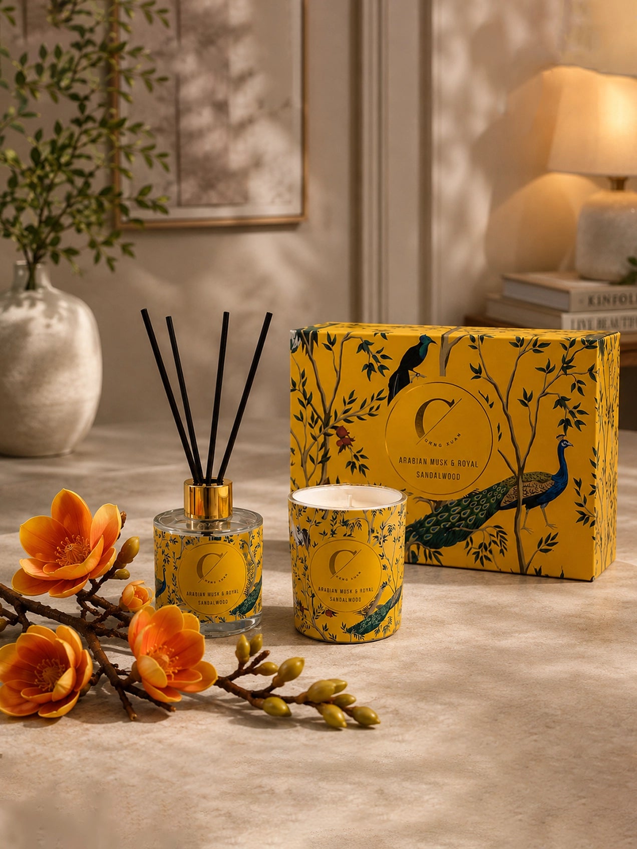 Reed Diffuser & Candle Set with Yellow Magnolia Ikebana
