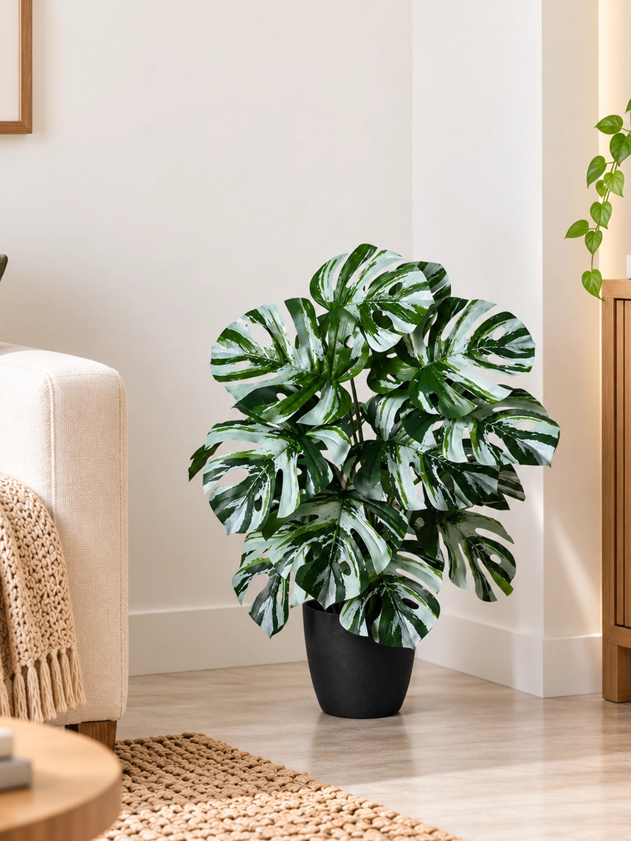 Artificial Monstera Plant | Green-Grey Leaves | 65 cm | 18 Leaves | With Basic Pot