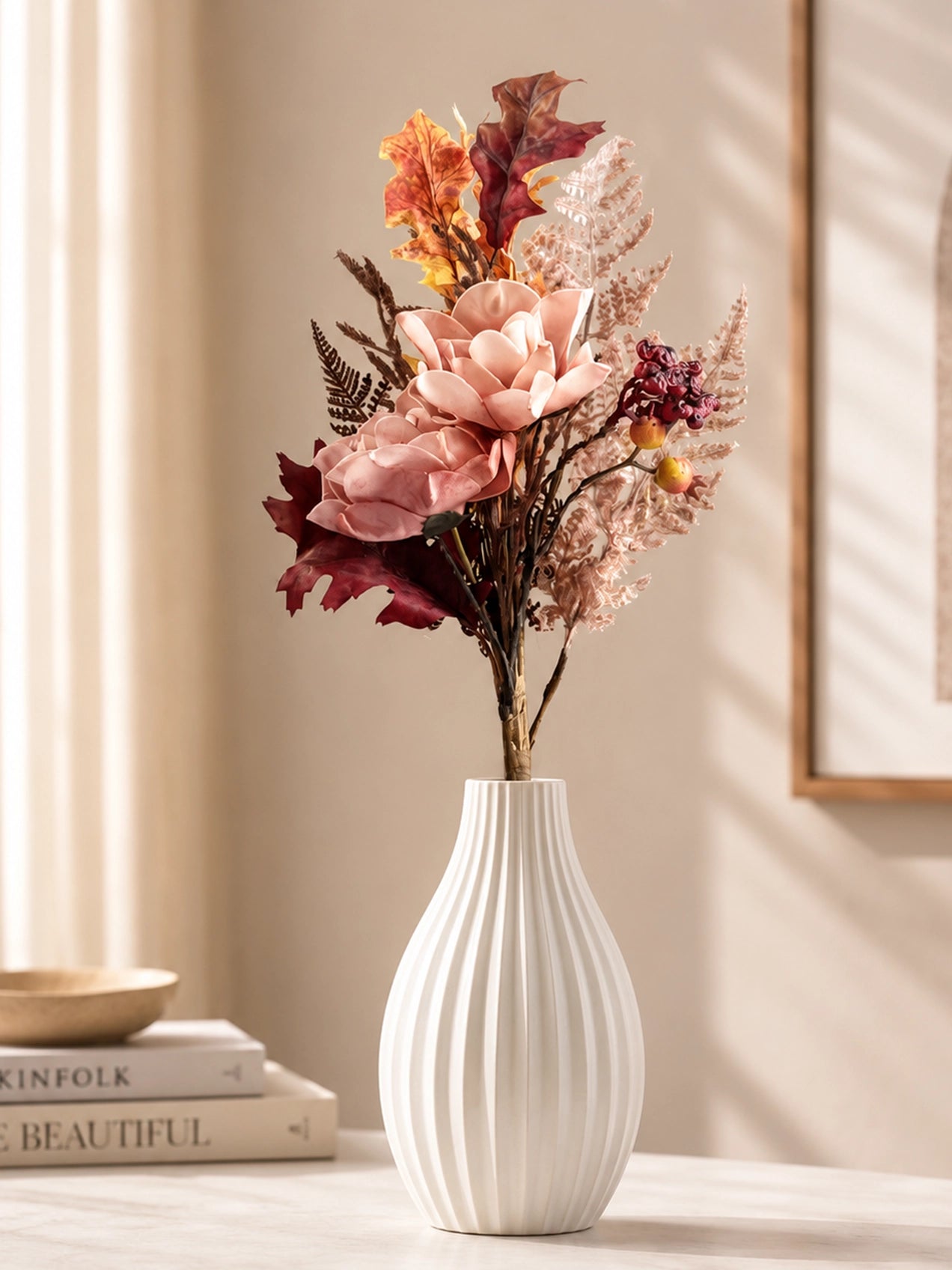 Dried Rose & Fall Leaves Bunch - Peach