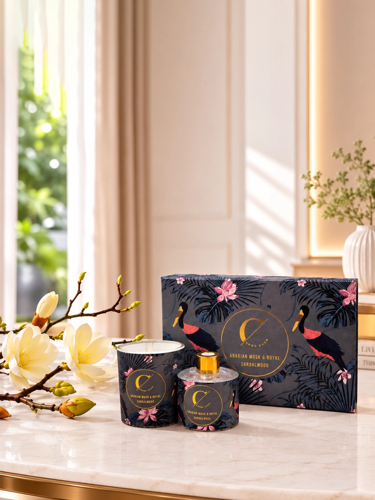 Reed Diffuser & Candle Set with White Magnolia Ikebana