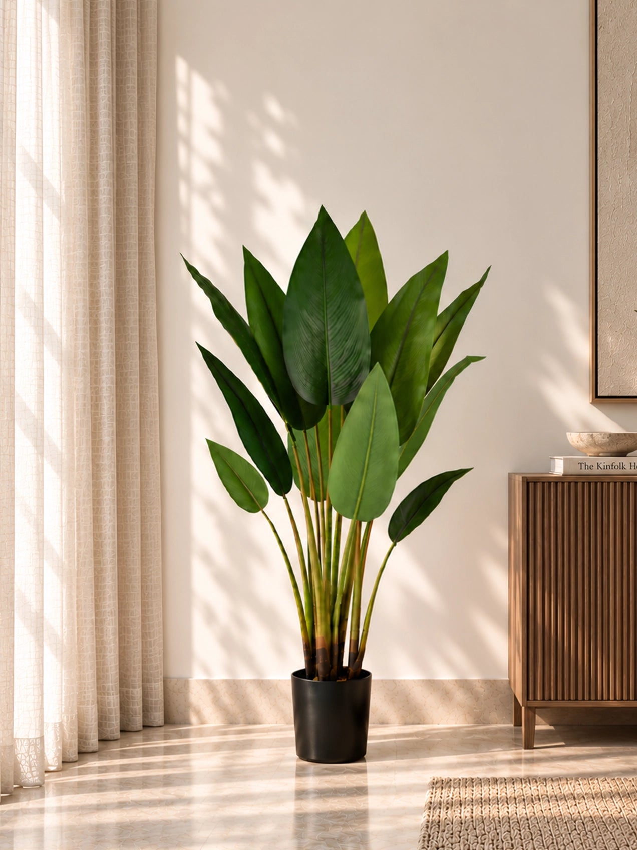 Artificial Bird of Paradise Plant | 119 cm | 15 Leaves | With Basic Pot