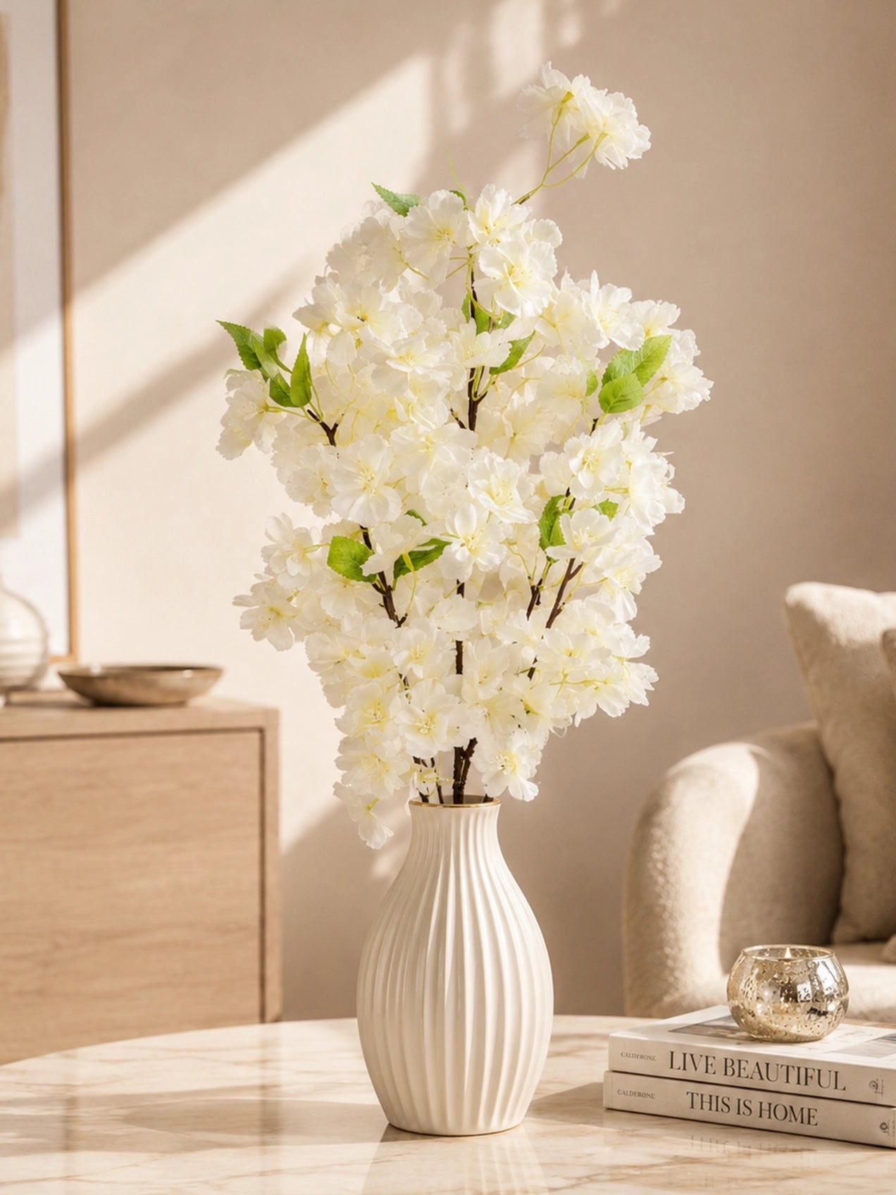 Cherry Blossom Flower Bunch | Off White | 65 cm