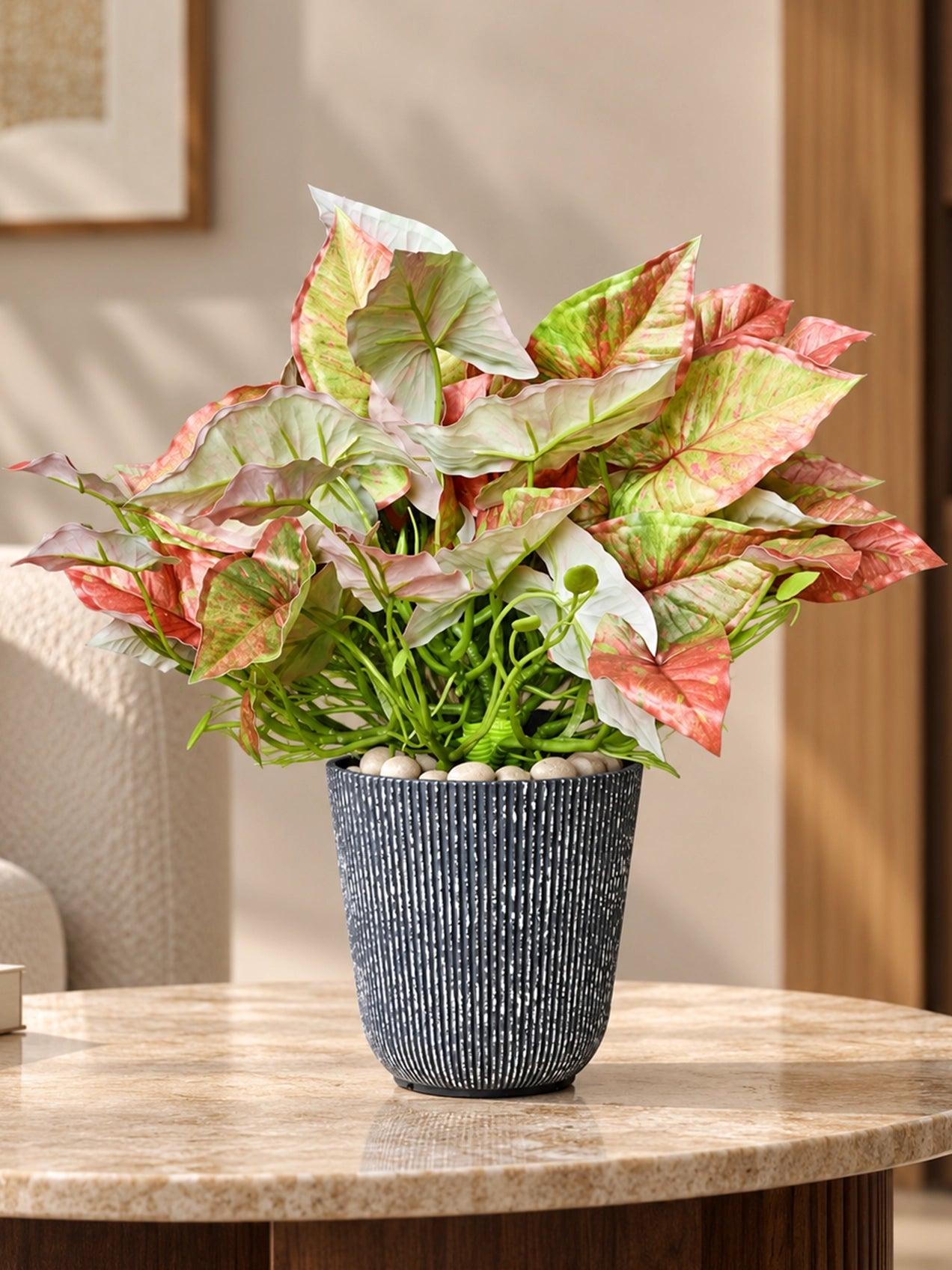 Boho Bliss Artificial Caladium Plant | Green & Orange Patterned Leaves | 35 cm | With Basic Pot