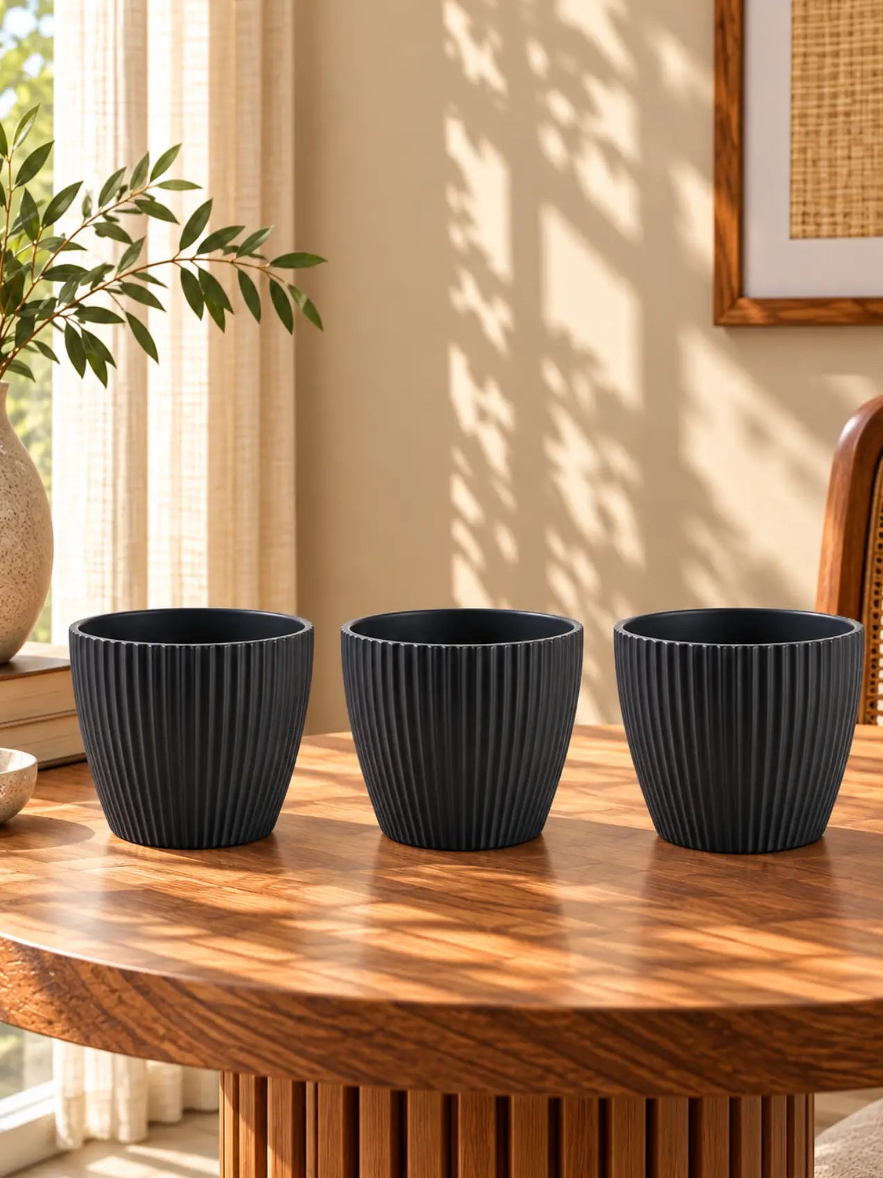 Elegant Ribbed Melamine Pot | Black | 15 cm | Set of 3
