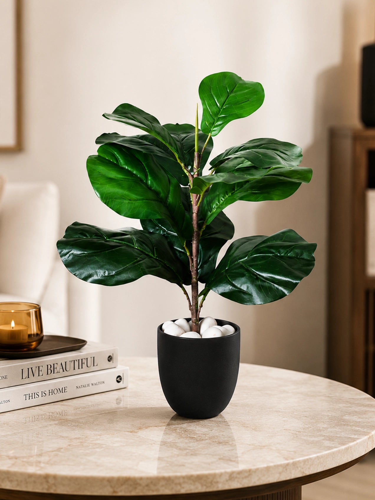 Artificial Fiddle-Leaf Fig Plant | Green Mix Leaves | 50 cm | 11 Leaves | With Basic Pot
