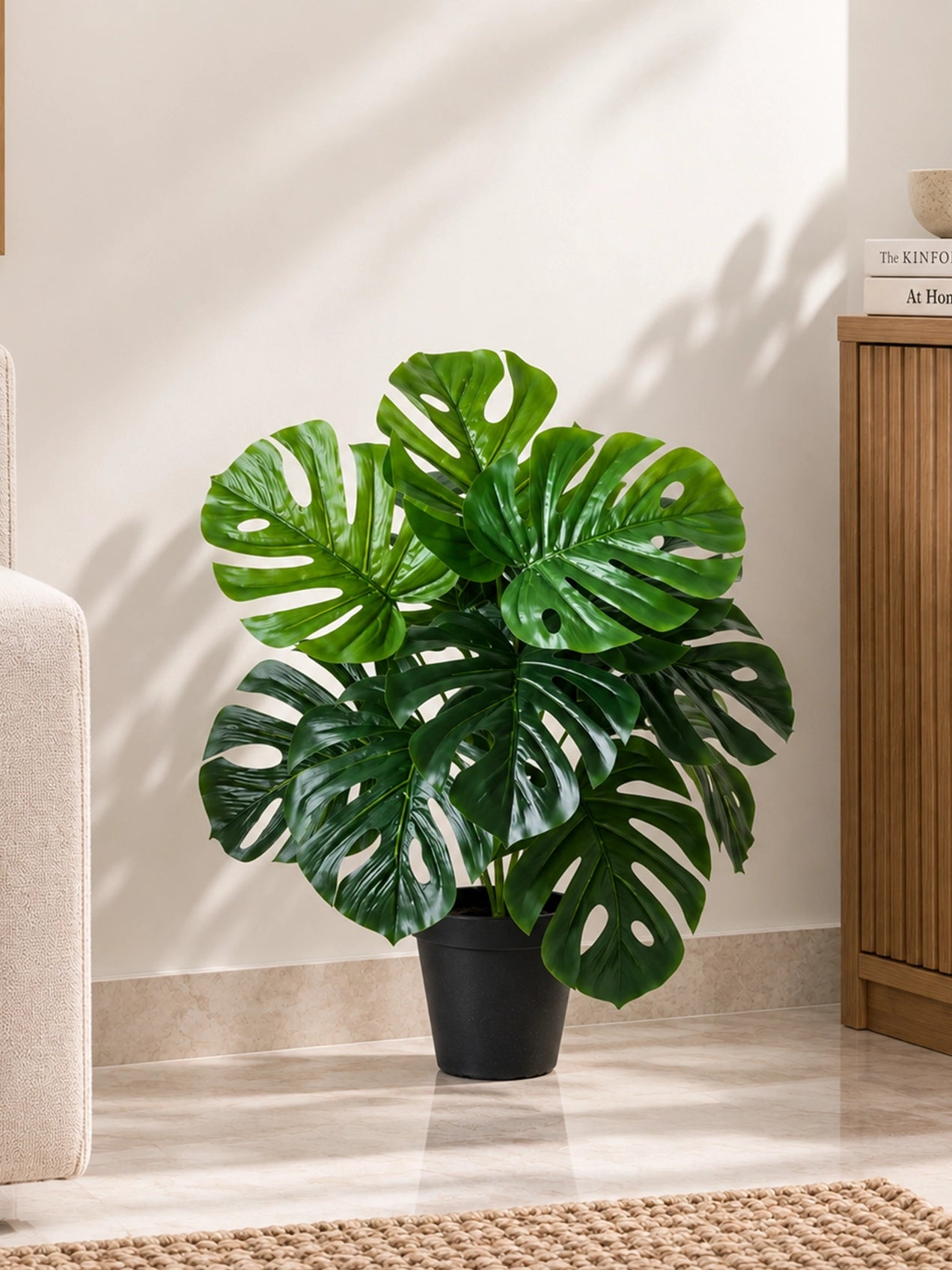 Artificial Monstera Plant | Light Green Leaves | 50 cm | 12 Leaves | With Basic Black Pot