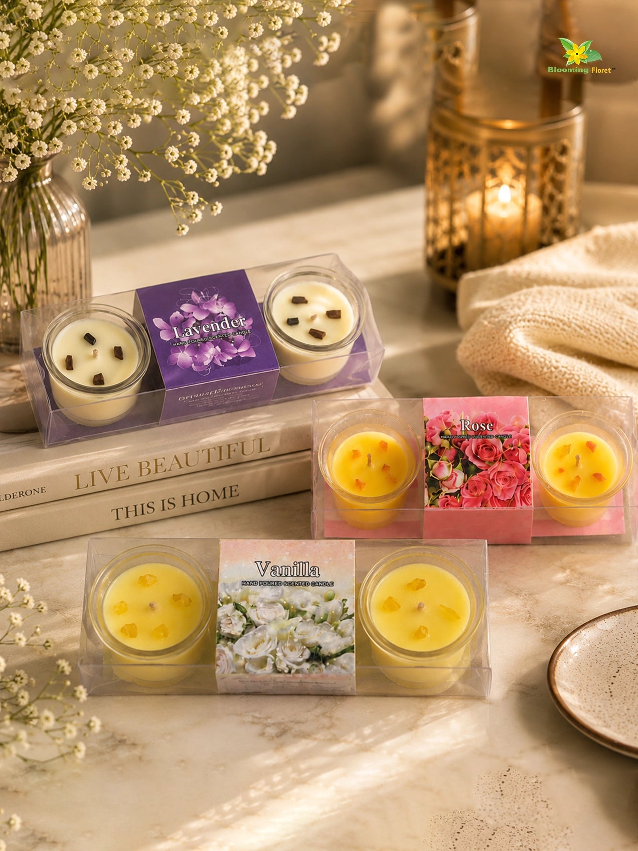 Lavender, Rose, Vanilla - Glass Candle  | 5 cm | Set of 3, 6 Pcs