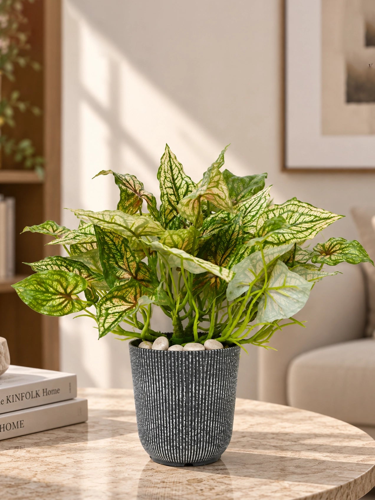 Boho Bliss Artificial Caladium Plant | Mixed Green Patterned Leaves | 35 cm | 36 Leaves | With Basic Pot